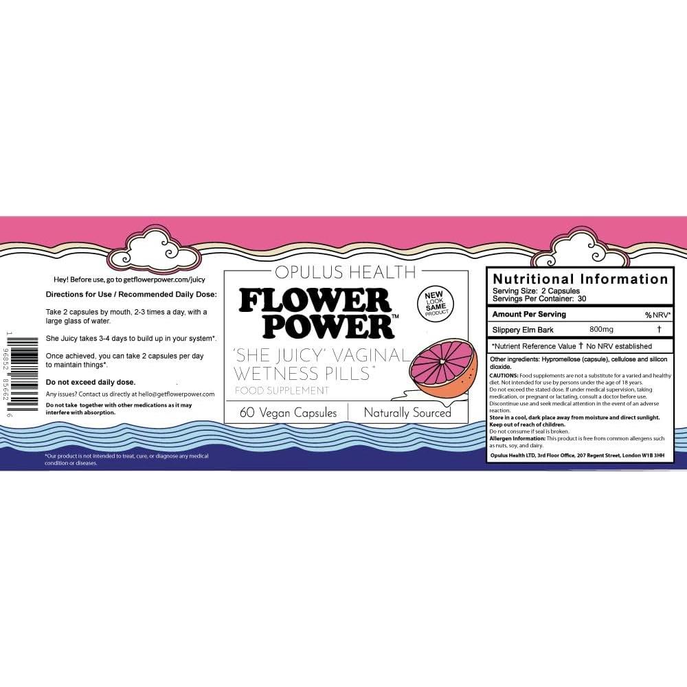 Flower Power ‘She Juicy’ Supplement for Vaginal Health | Slippery Elm Bark - Made in USA - 60 Ct Vegan