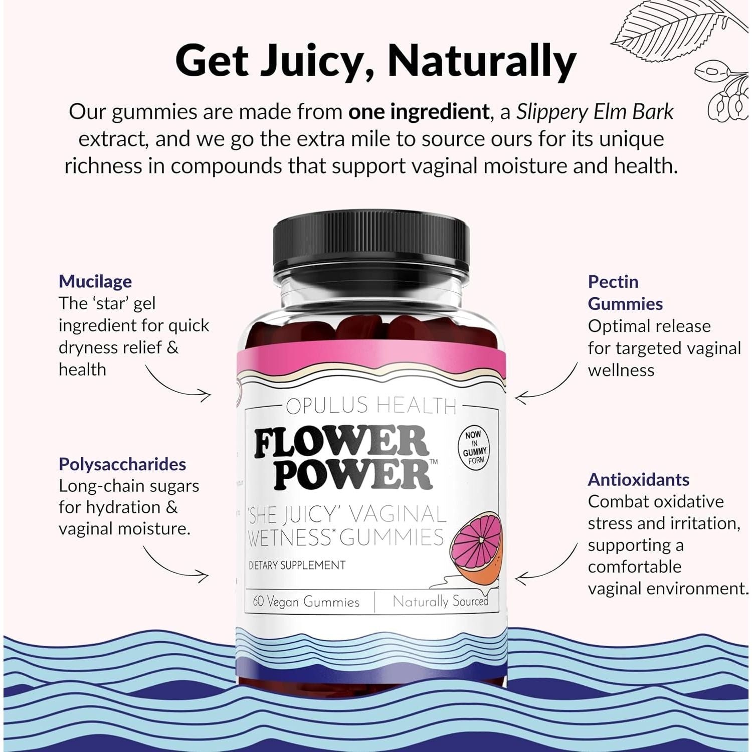 Flower Power ‘She Juicy’ Vaginal Wetness Gummies – 60 Gummies | Natural Feminine Hydration Support