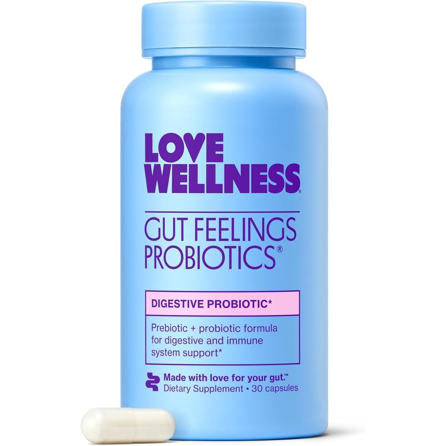 Love Wellness Gut Feelings Probiotic – 30 Capsules | Daily Prebiotic, Probiotic & Postbiotic Blend for Digestive & Immune Support