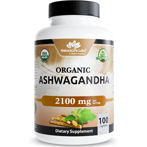 NaturaLife Labs Organic Ashwagandha – 2,100mg | 100 Vegan Capsules | High-Potency Adaptogen with Black Pepper for Enhanced Absorption