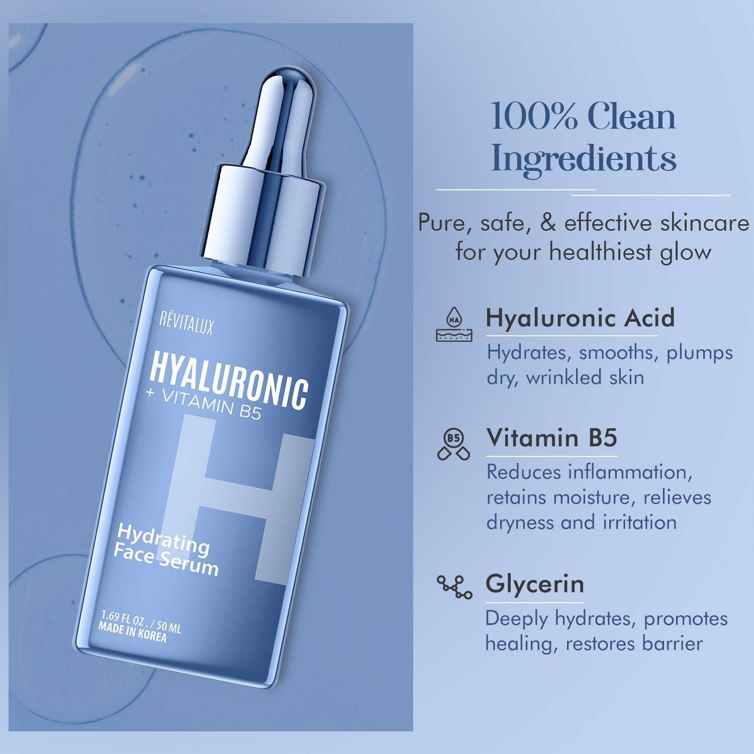 RevitaLux Hyaluronic Acid + Vitamin B5 Hydrating Face Serum – 50ml | Deep Hydration & Skin Smoothing Formula
