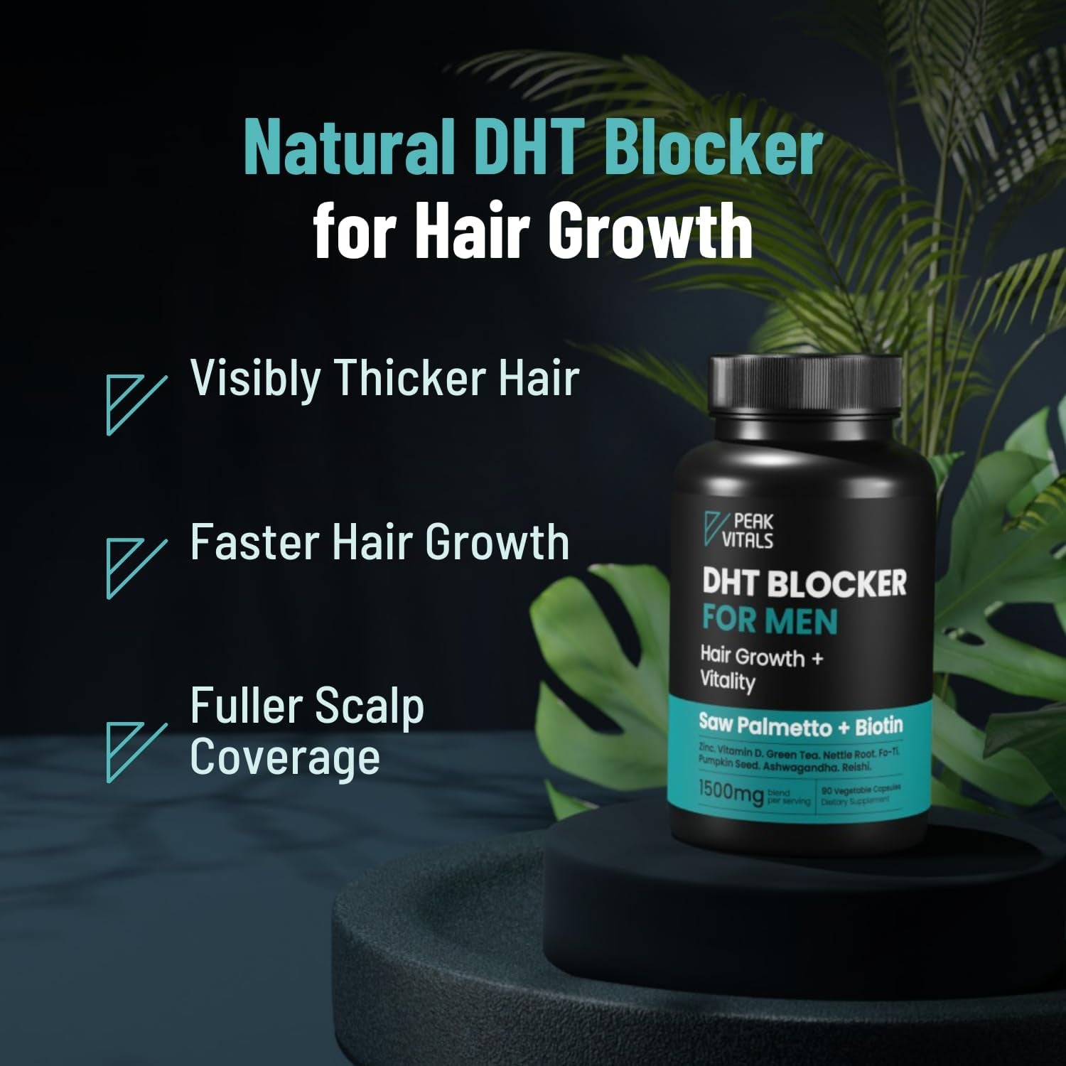 PEAK VITALS DHT Blocker for Men – 90 Capsules | Hair Regrowth Supplement with Biotin, Saw Palmetto & Adaptogens