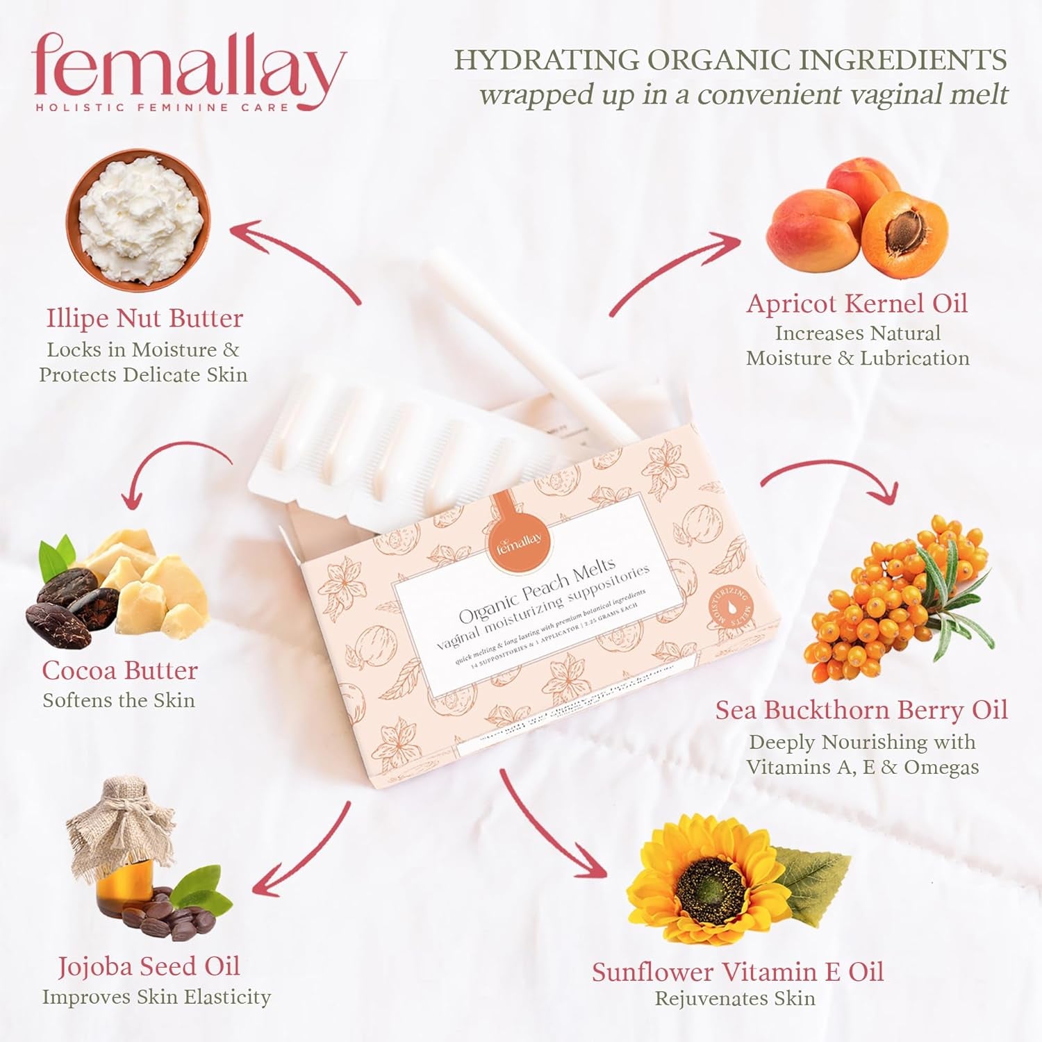 Femallay Organic Vaginal Moisturizing Suppositories – Peach – 100% Natural Relief for Dryness, Odor & Daily Feminine Discomfort – 14 Count + Applicator