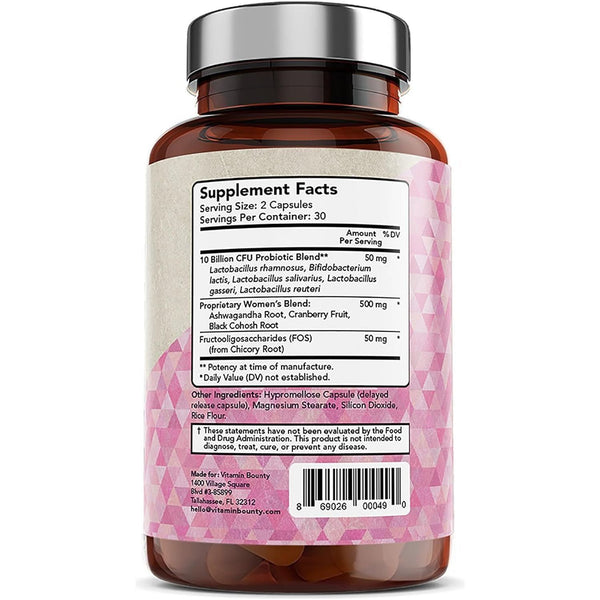 Women'S Pro-Daily Probiotic - 10 Billion Cfus, and 5 Strains, Help Vaginal & Digestive Health, Vaginal Probiotic & Prebiotic & Ph Balance, Cranberry, Gluten-Free - 60 Capsules