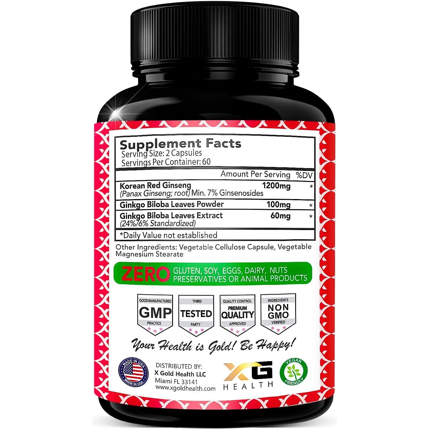 X Gold Health Korean Red Panax Ginseng + Ginkgo Biloba – 120 Capsules | Natural Energy, Focus & Mental Clarity