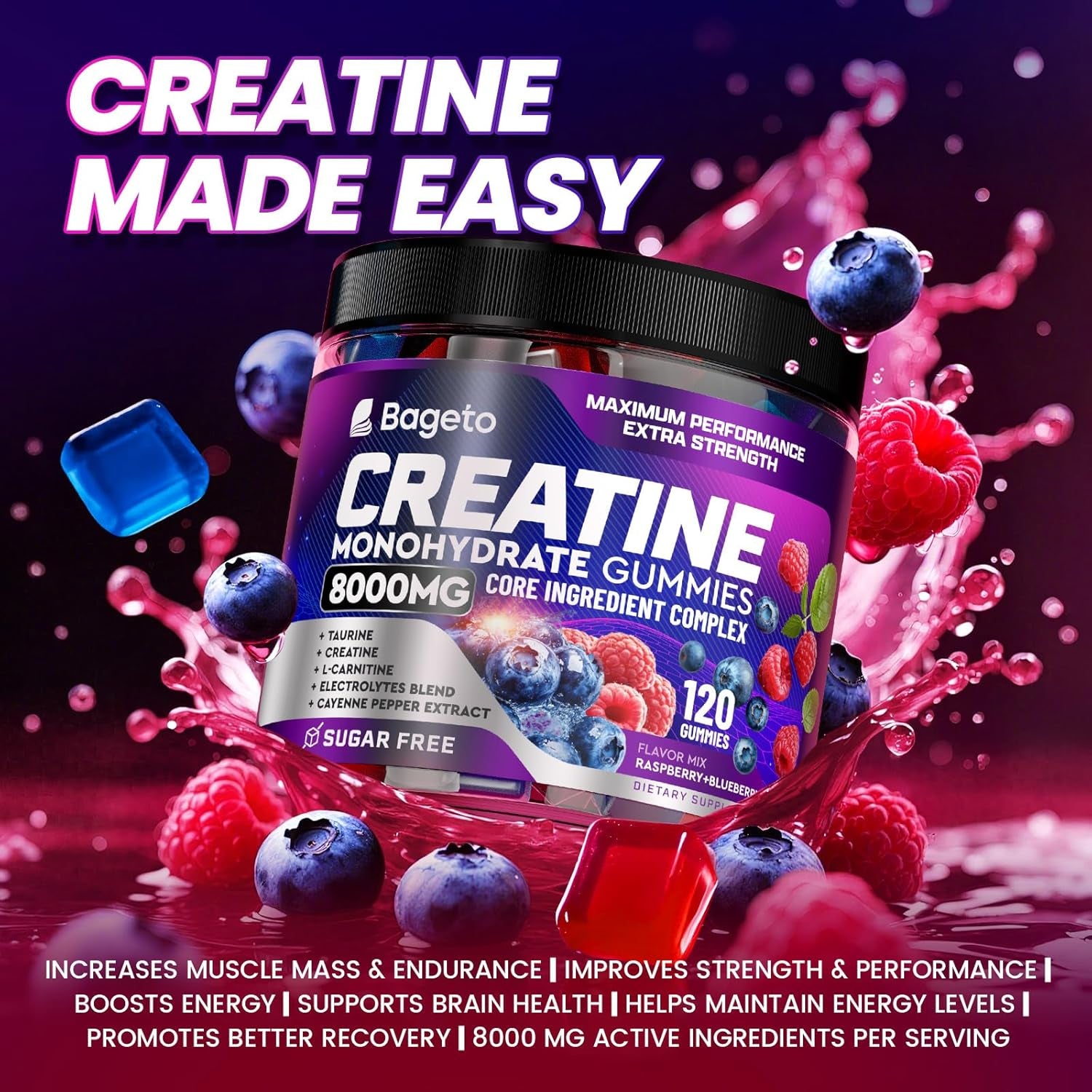 Bageto Creatine Monohydrate Gummies – 120 Gummies | 1+6 Complex for Muscle Growth, Energy & Fast Recovery