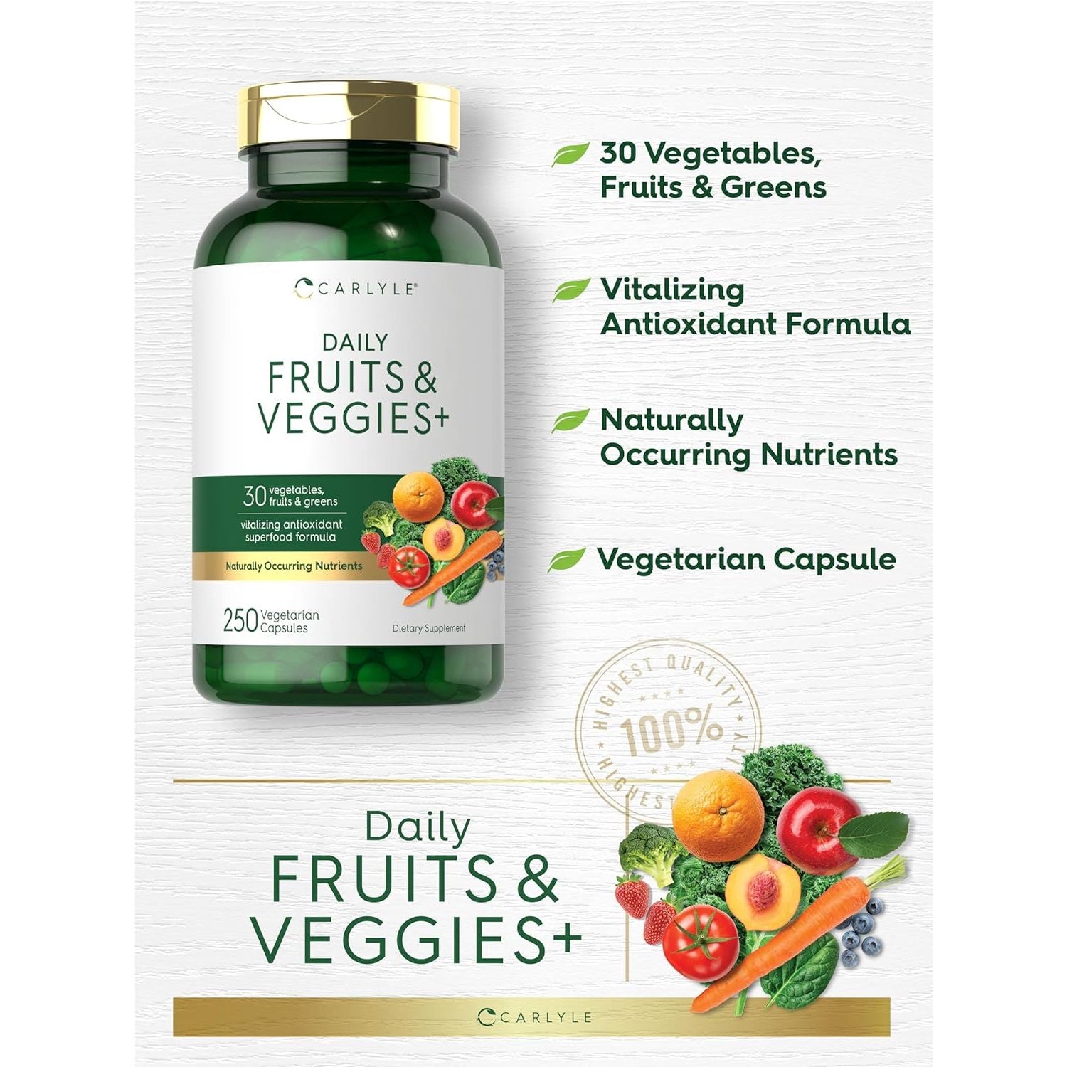 Fruits and Veggies Supplement | 250 Capsules | Made with 30 Fruits and Vegetables | Vegetarian, Non-Gmo, Gluten Free Superfood Formula