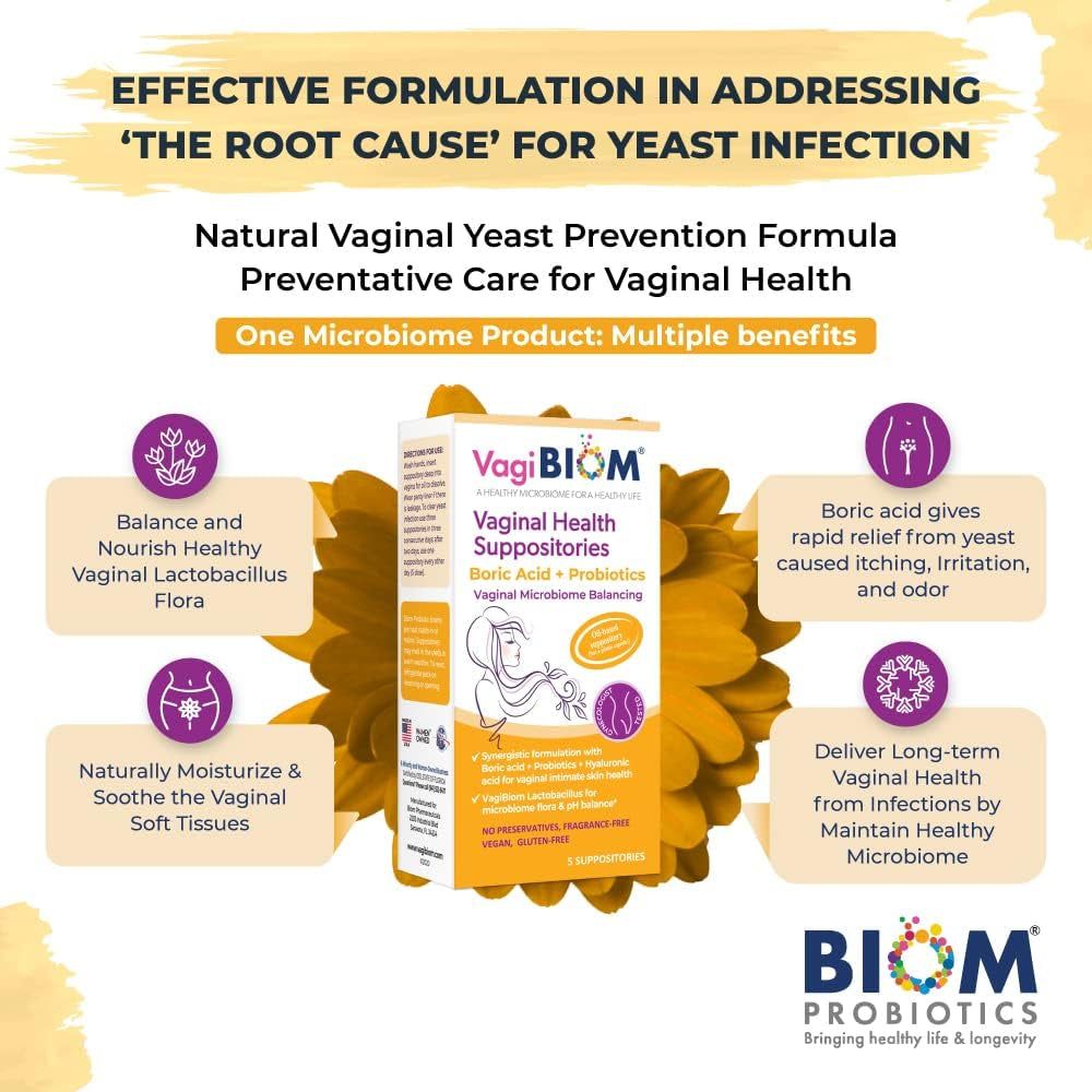 VagiBiom Vaginal Health Suppositories with Boric Acid + Probiotics – 5 Suppositories | Feminine Health & pH Balance