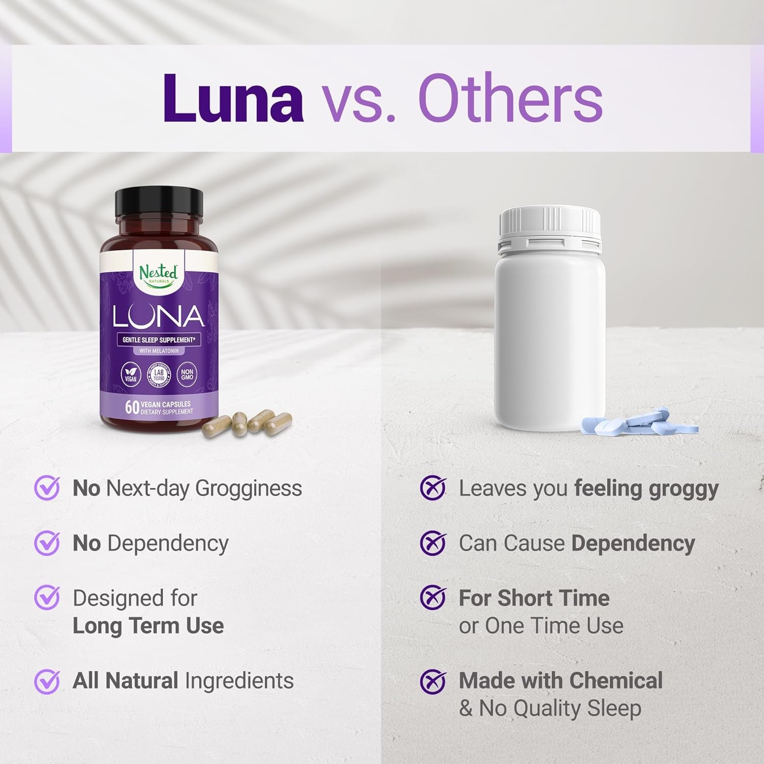 Nested Naturals Luna Gentle Sleep Supplement – 60 Vegan Capsules | Natural Sleep Aid with Melatonin, Valerian Root & L-Theanine