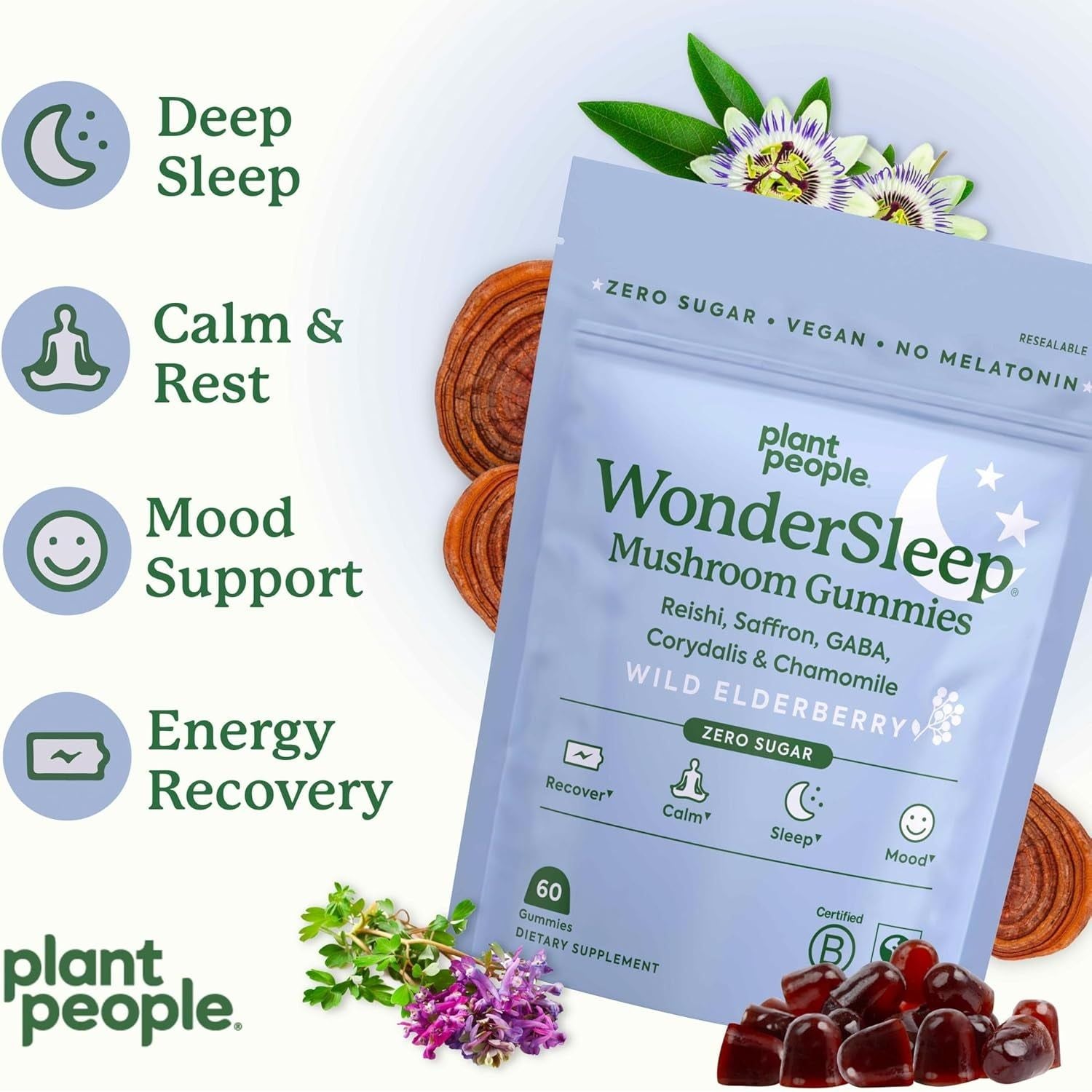 Plant People WonderSleep Mushroom Gummies – 60 Gummies | Melatonin-Free Sleep Support