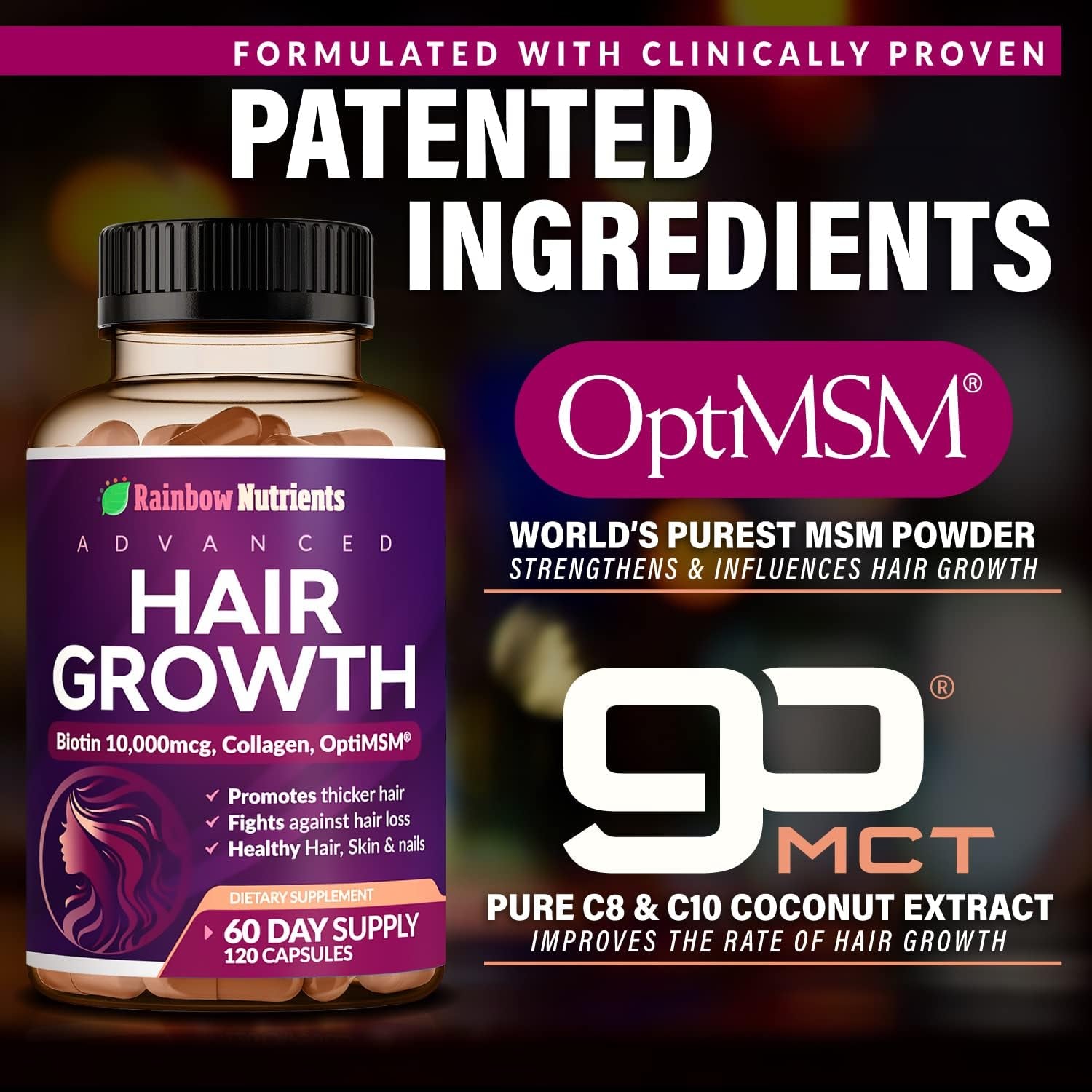 Rainbow Nutrients Hair Growth Supplement – 120 Capsules | Biotin, Collagen & OptiMSM for Healthy Hair, Skin & Nails