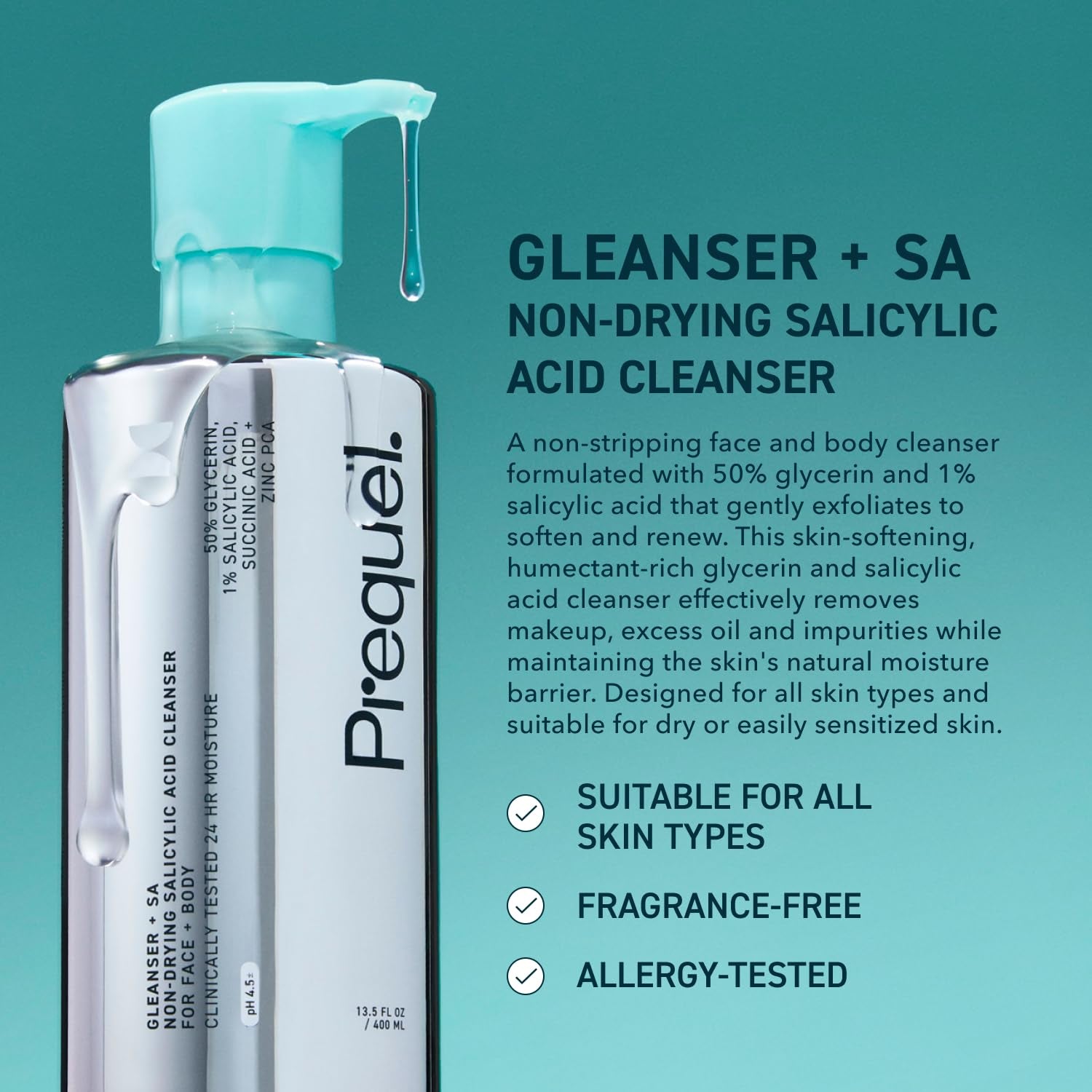 Prequel Gleanser + SA | Non-Drying Salicylic Acid Cleanser – 400ml (Pack of 2)