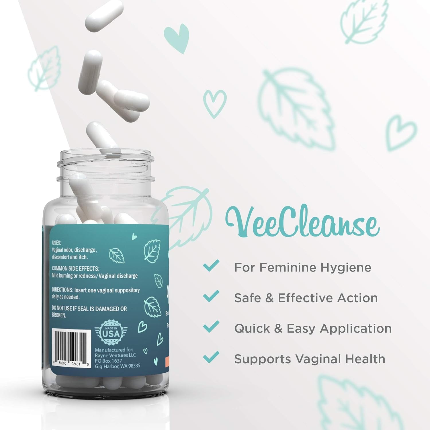 Veefresh - Veecleanse Boric Acid Vaginal Suppositories + Suppository Applicator - Vaginal Ph Balance Suppositories - Vaginal Odor Control - Feel Fresh, Feminine and Confident