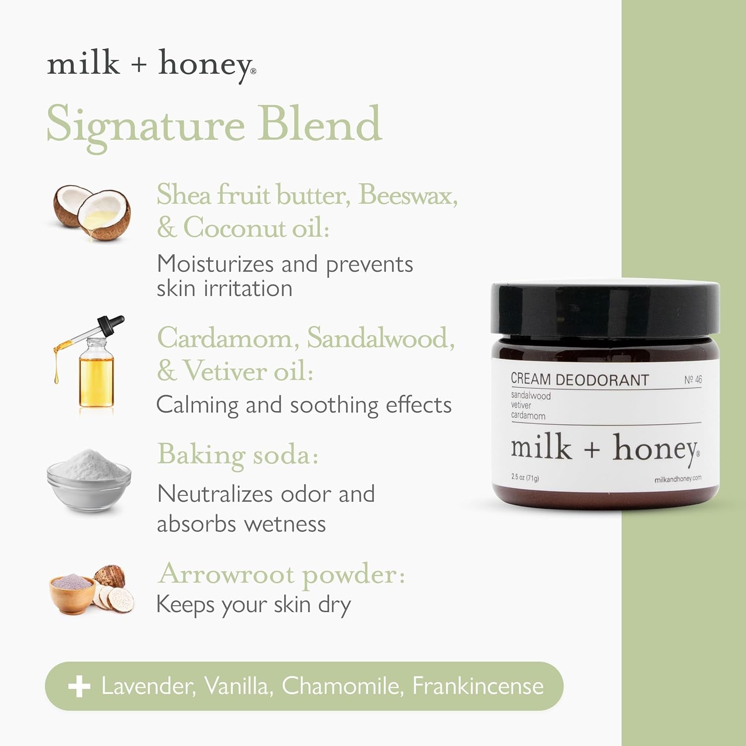 milk + honey Cream Deodorant No. 46 – 71g | Aluminum-Free Natural Deodorant with Sandalwood, Vetiver & Cardamom
