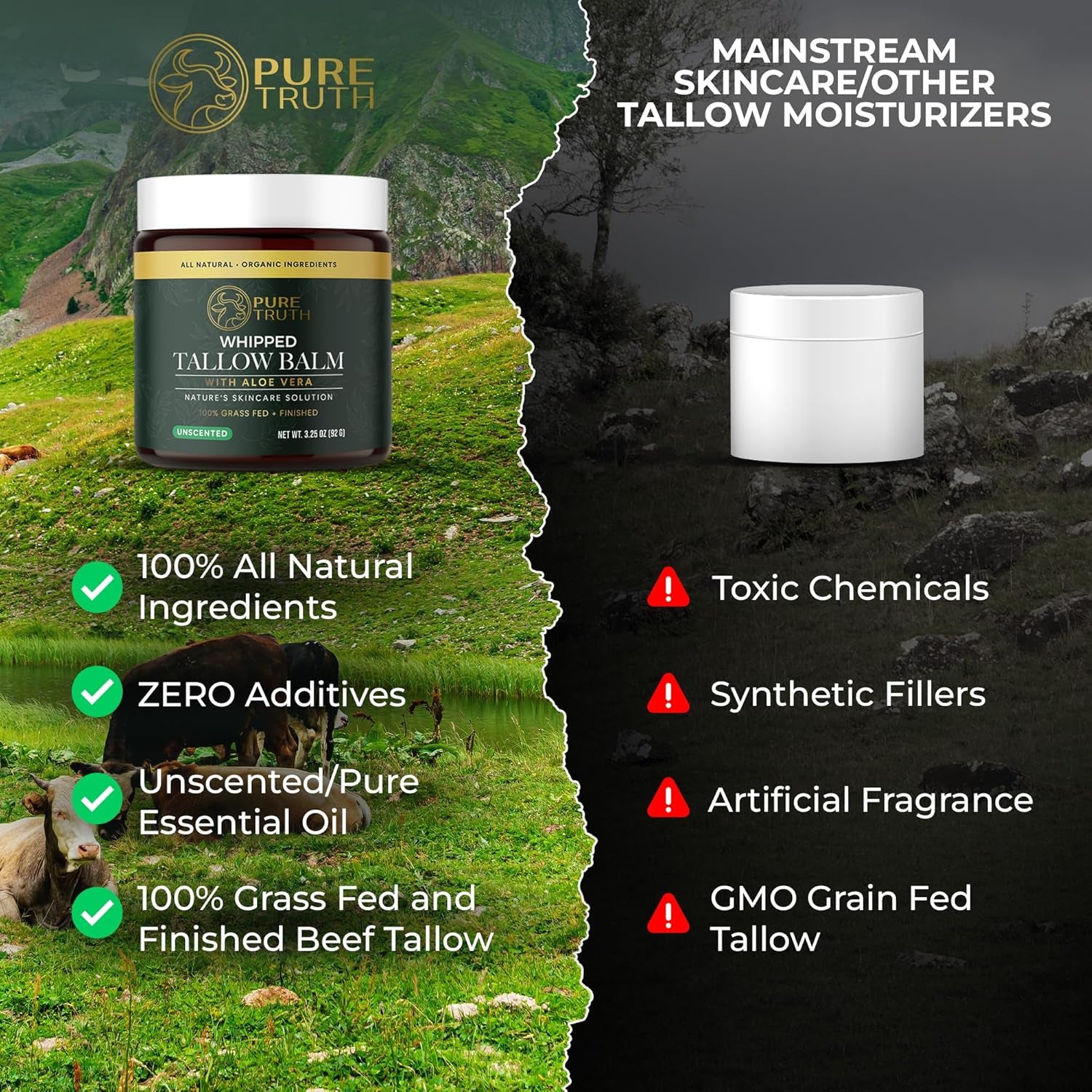 Whipped Tallow and Honey Balm (Unscented), Beef Tallow for Skin Care, Grass Fed + Finished Tallow Moisturizer Cream for Face & Body W/Organic Honey, Aloe Vera, Jojoba Oil, Men Women 3.25Oz