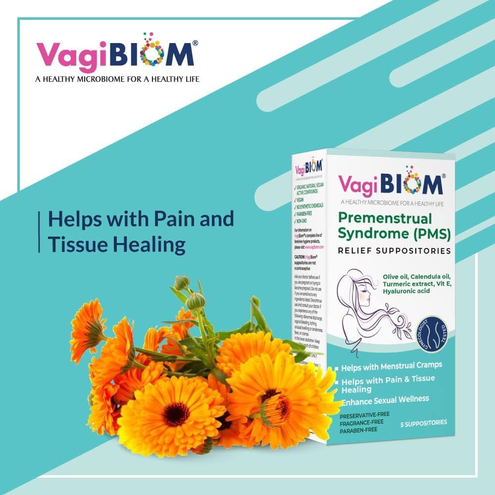 VagiBiom Premenstrual Syndrome (PMS) Relief Suppositories - 5 Suppositories | Natural Relief for Menstrual Discomfort