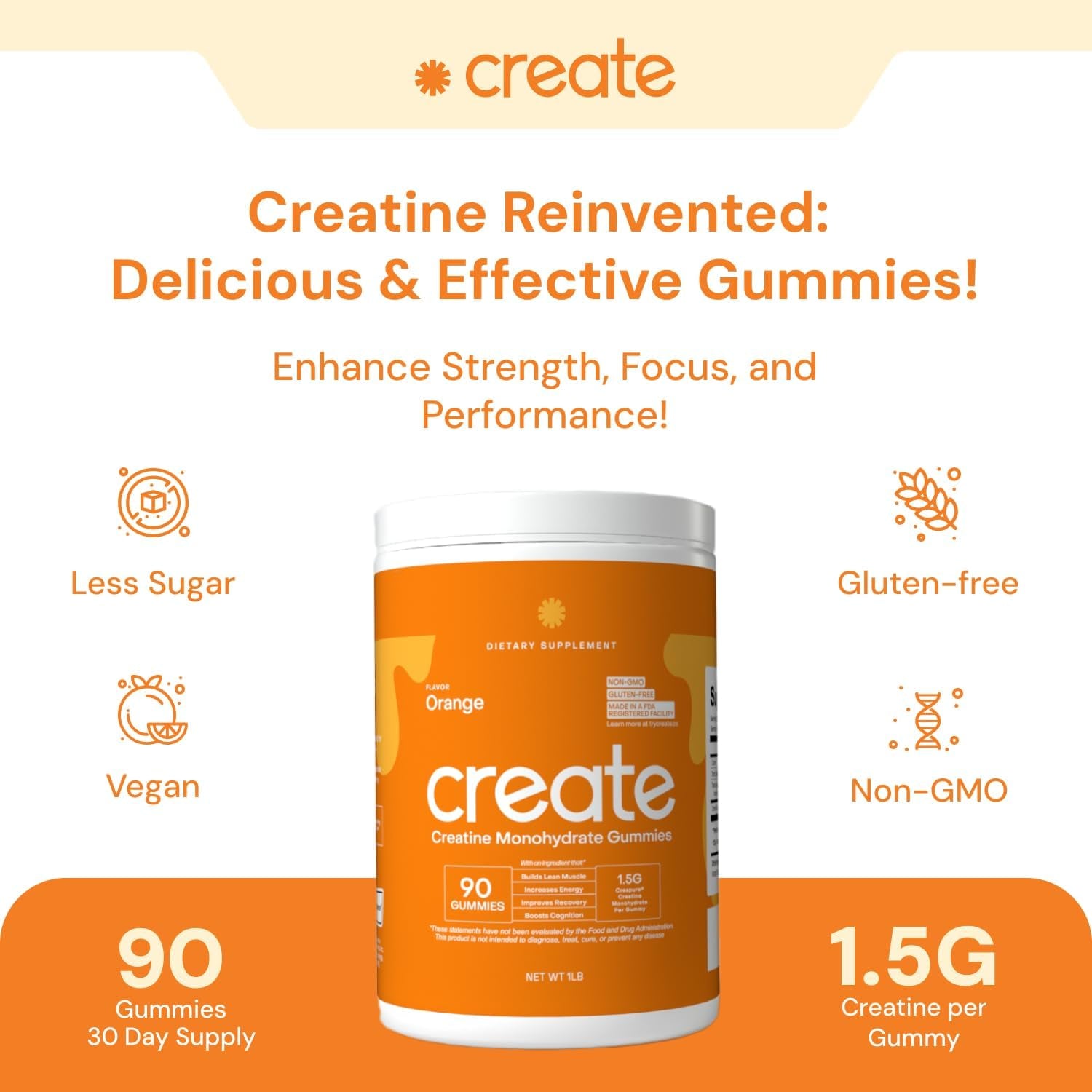 Creatine Monohydrate Gummies for Men & Women, Boost Focus, Strength, and Endurance, Anti-Melting Formula, Vegan, Gluten-Free, Non-Gmo, 1.5G of Creatine per Gummy (Orange, 90 Ct)