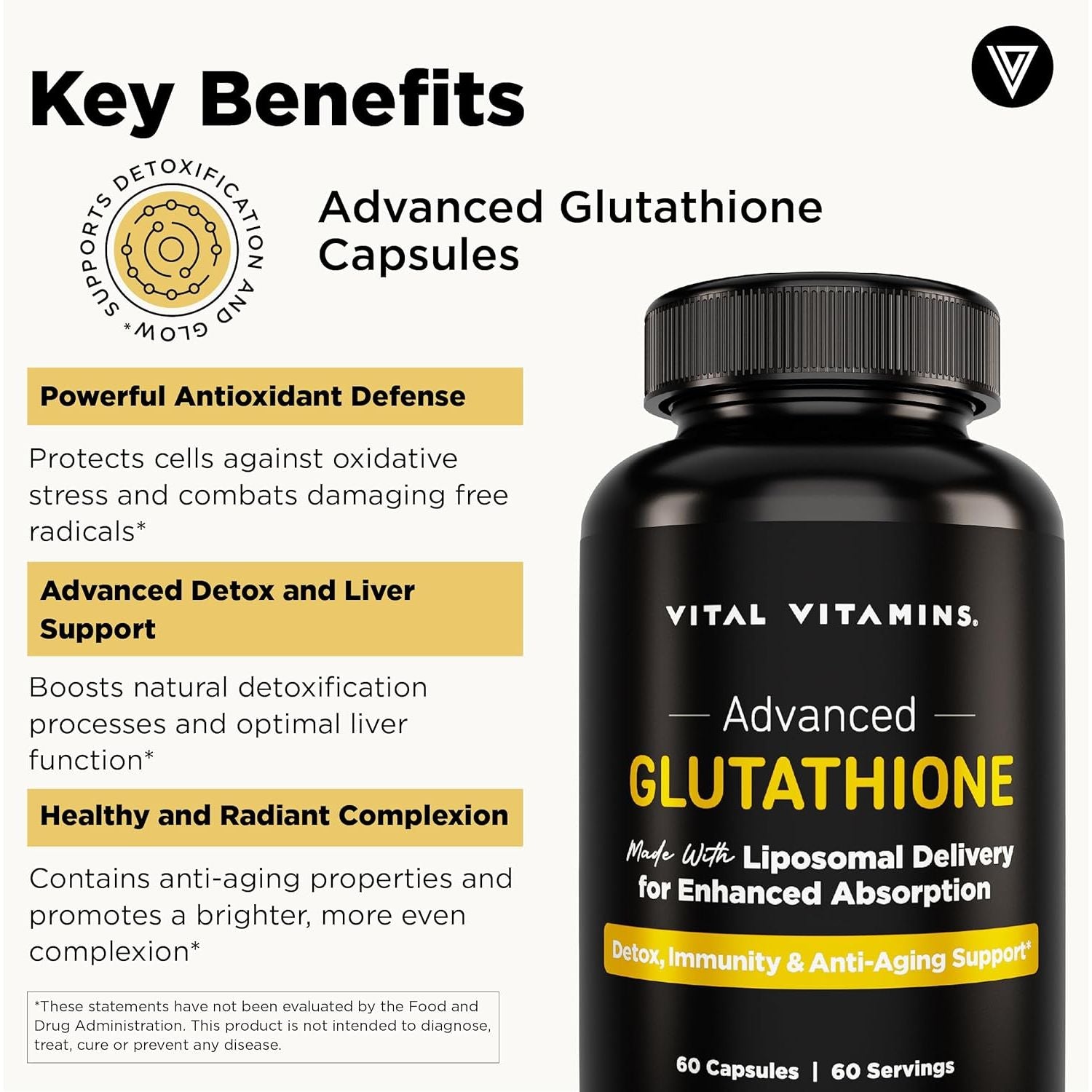 Glutathione Supplement - 500Mg L-Glutathione per Serving - Made with Liposomal Delivery for Max Absorption - Detox, Immunity, Anti-Aging Support - Non-Gmo - 60-Day Supply, 60 Capsules