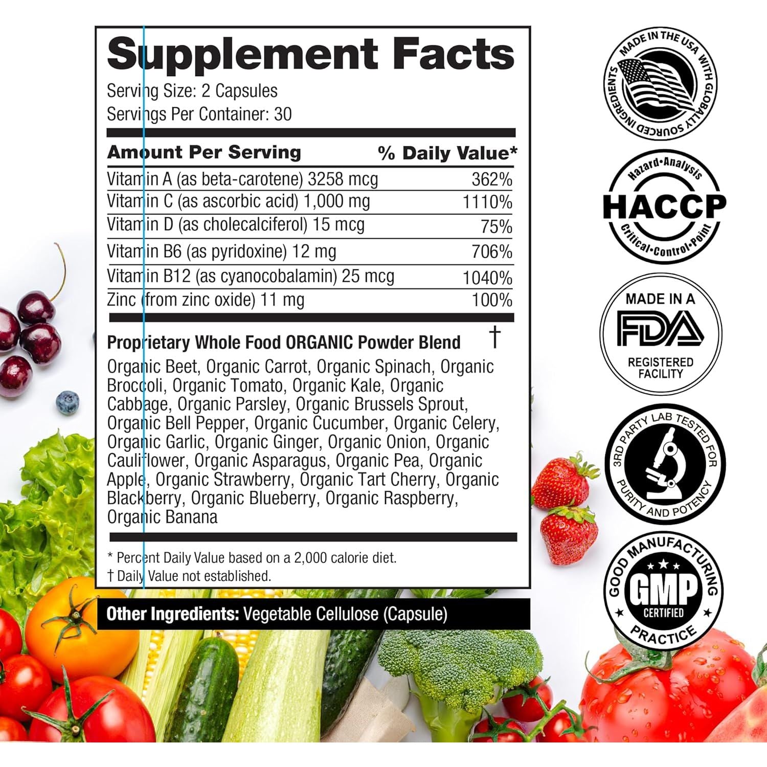 1000Mg Immune Support Capsules Made with 25 Organic Fruits and Vegetables, Strong Immunity Boosters with Vitamins A, C, D3, and Zinc, 60 Count