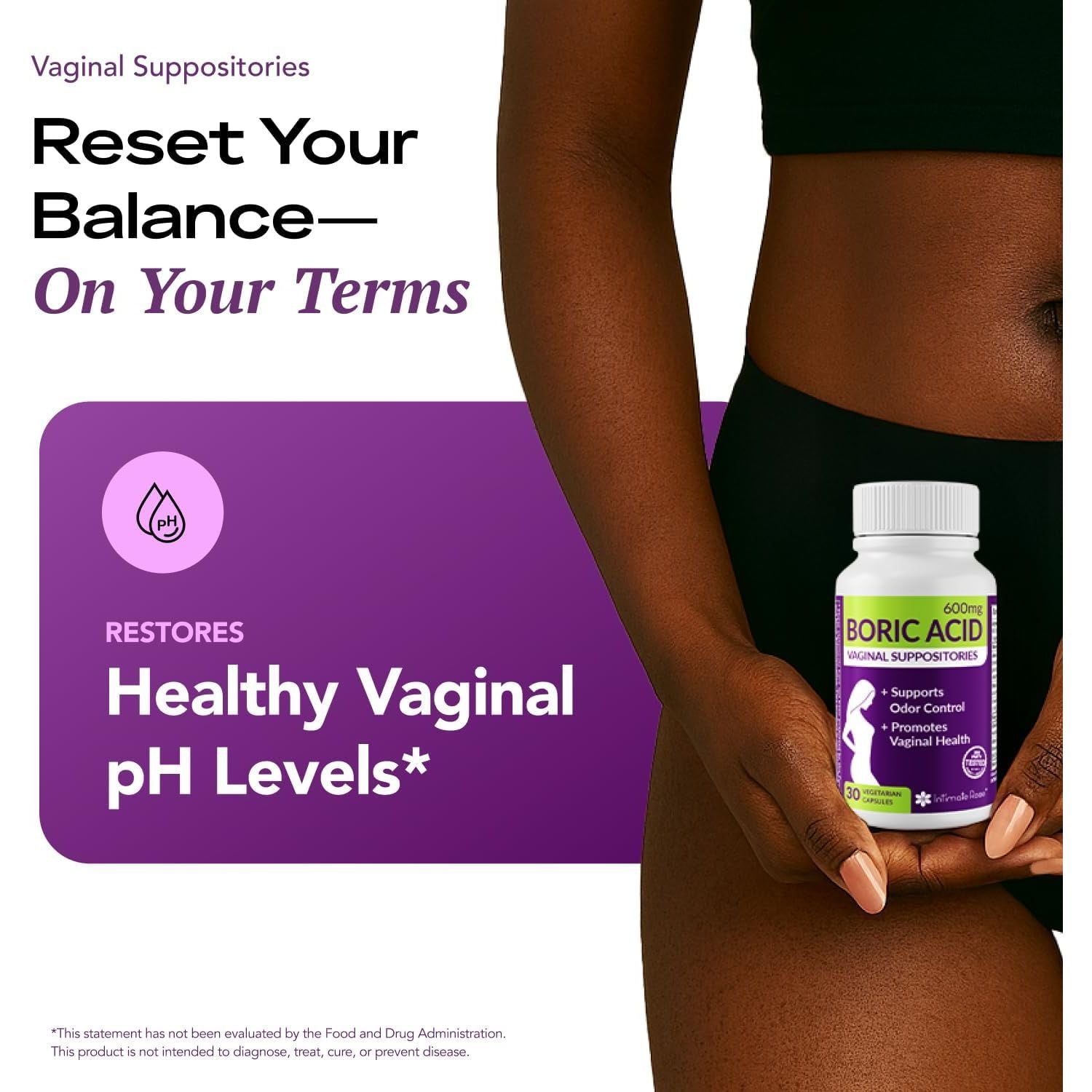 Intimate Rose 30Ct Boric Acid Suppositories for Women - 600Mg Vaginal Ph Balance Pills for Odor Relief, BV Support - Made in USA