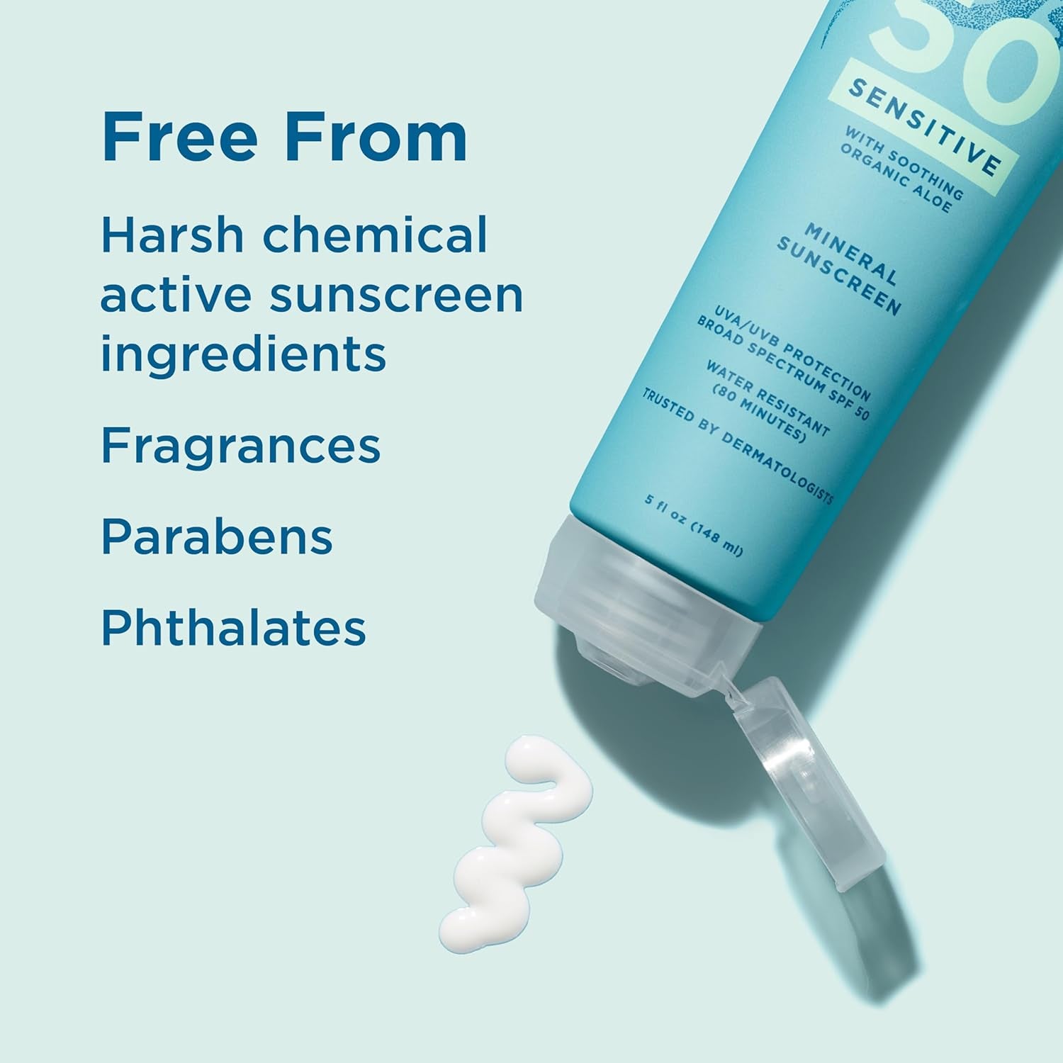 Sensitive Mineral SPF 50 Sunscreen Lotion, 100% Mineral Sunscreen, UVA/UVB Protection, Infused with Organic Aloe Vera, Soothes and Hydrates, 5 Fl Oz | with Zinc Oxide, 50+, Water Resistant, UVAUVB Protection, Sensitve