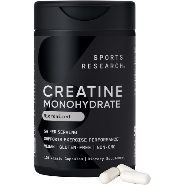 Sports Research Creatine Monohydrate Capsules – 120 Capsules (30 Servings) | 5g Vegan Creatine | Boost Strength, Lean Muscle & Recovery 