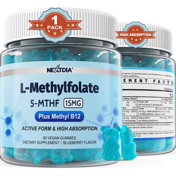 Nextdia L-Methylfolate 5-MTHF Gummies – 60 Sugar-Free Vegan Gummies | Active Folate + Methylated B Vitamins for Energy, Mood & Focus
