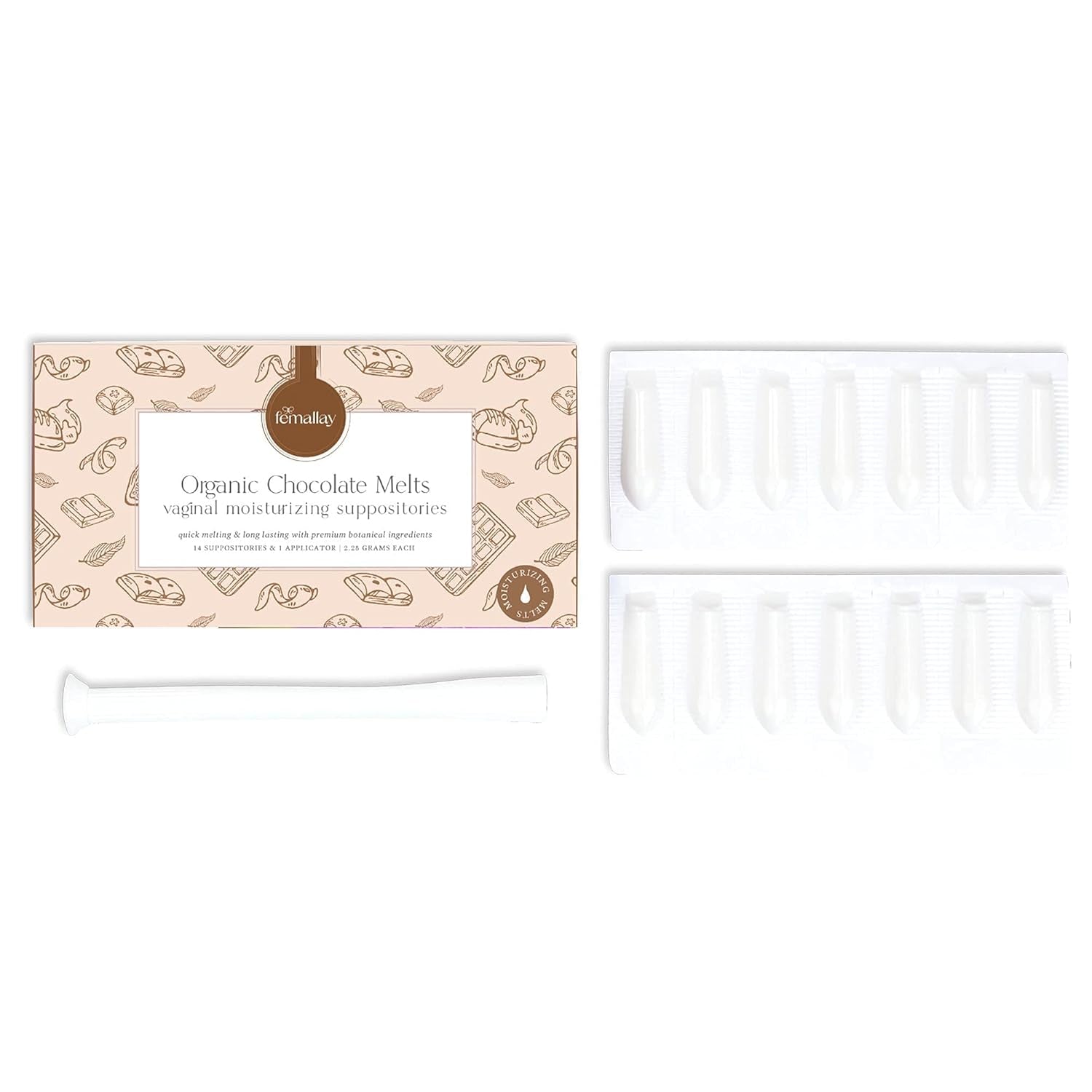 Femallay Organic Vaginal Moisturizing Suppositories – Chocolate – 100% Natural Relief for Dryness, Odor & Daily Feminine Discomfort – 14 Count + Applicator