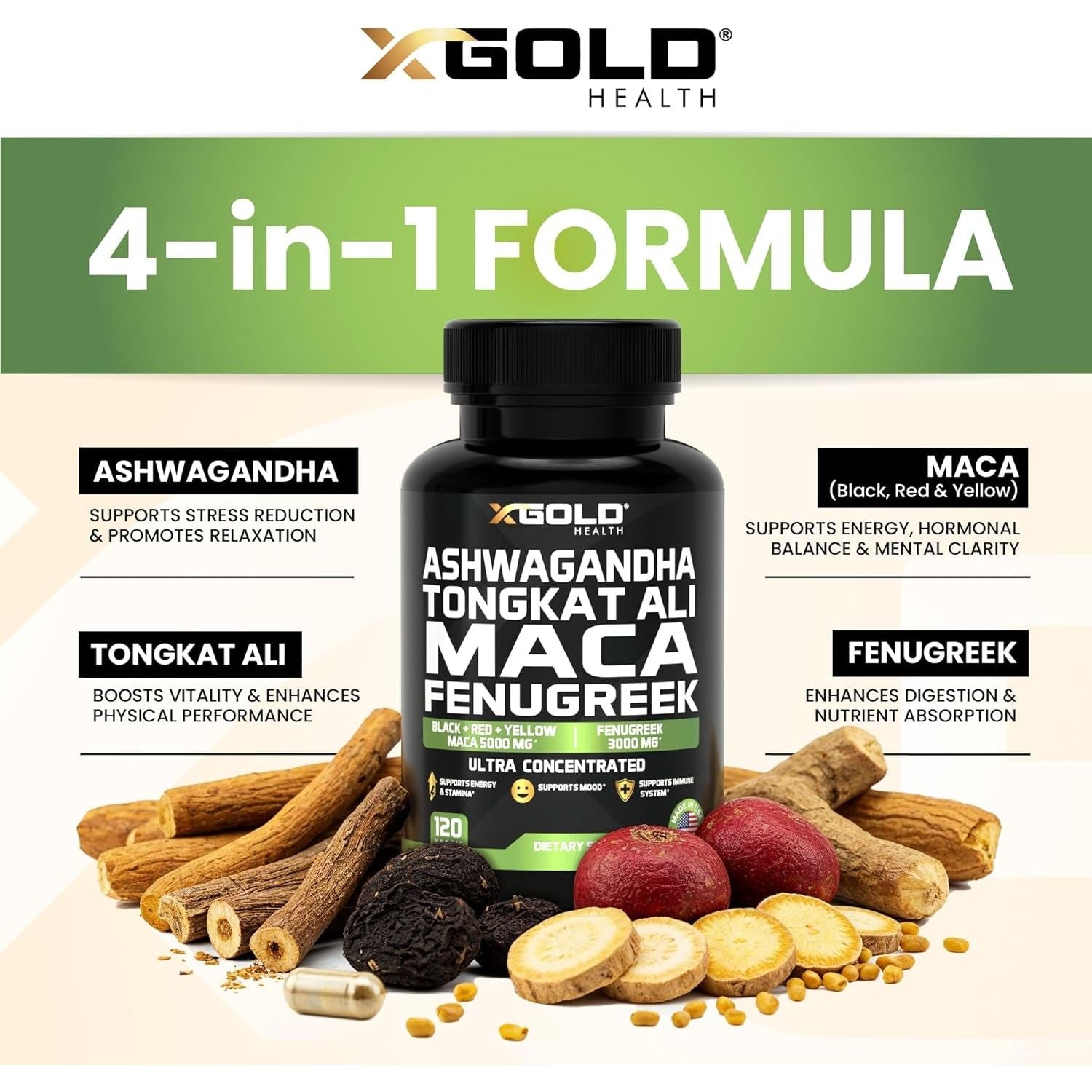 X Gold Health Ashwagandha Tongkat Ali Maca Fenugreek – 120 Capsules | Ultra-Potent Energy, Focus & Hormone Support