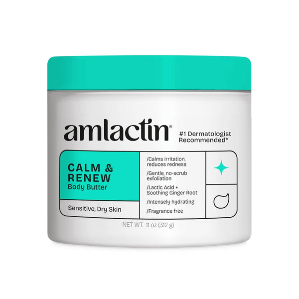 Calm & Renew Body Butter - Therapeutic Skin Care Moisturizer for Sensitive Skin - No-Scrub Exfoliator and Body Cream for Dry Skin with Lactic Acid AHA and Soothing Ginger Root, 11Oz