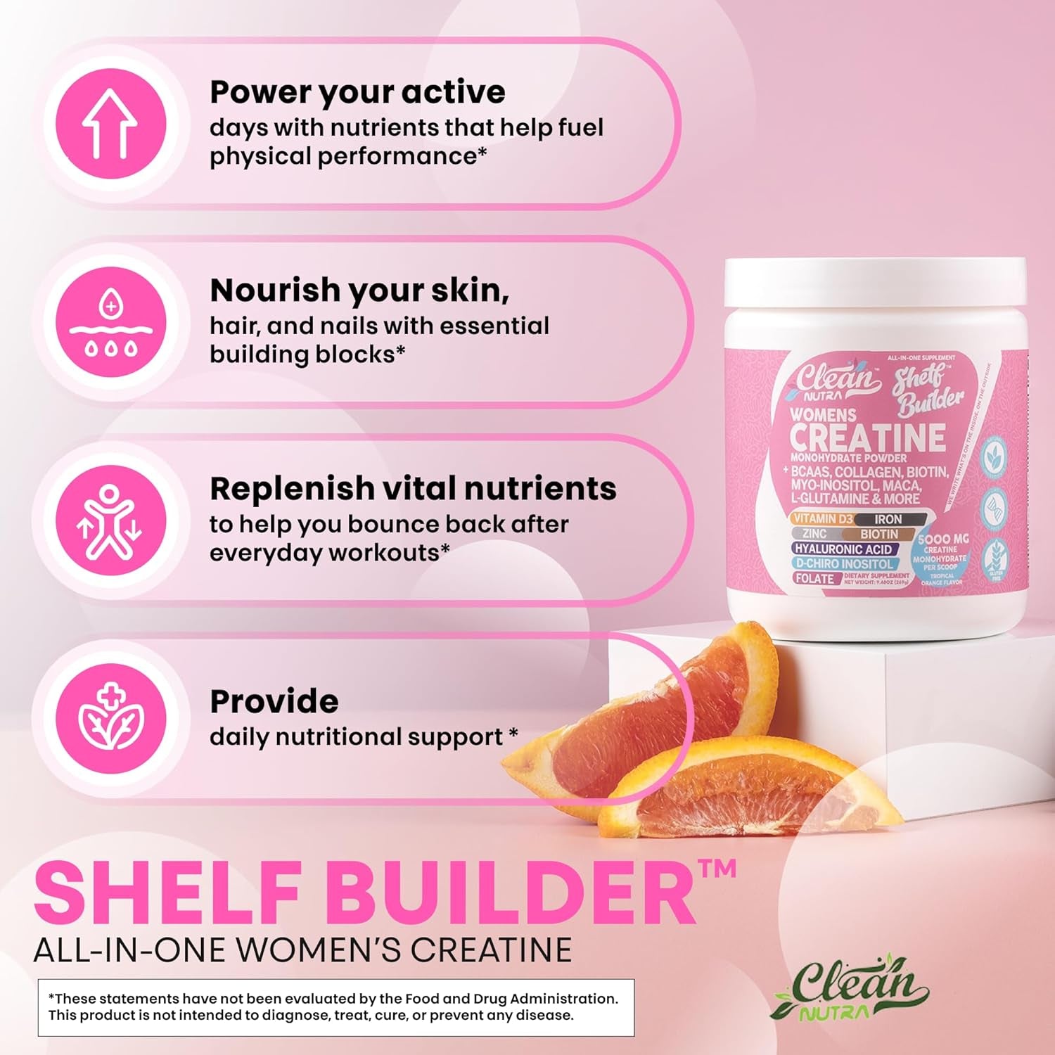 Clean Nutraceuticals Women’s Creatine – 269g | Tropical Orange – Creatine + Collagen, BCAAs, Biotin & Vitamins for Muscle, Recovery & Beauty