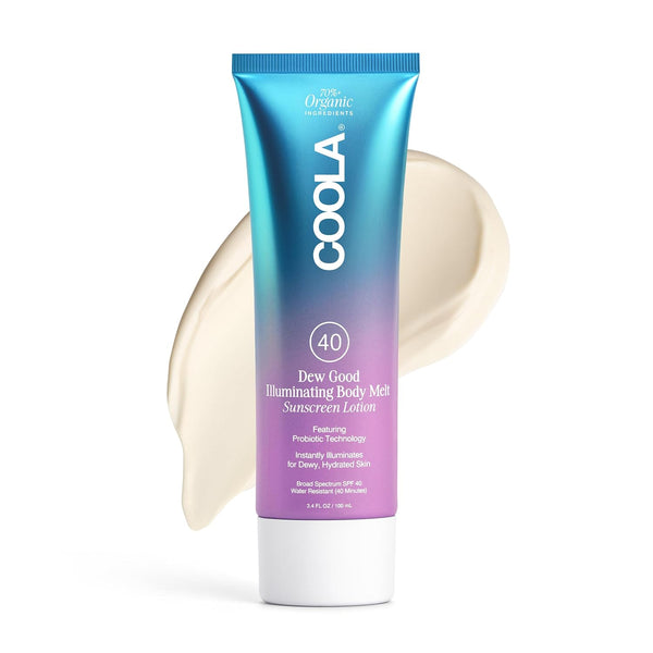 COOLA Dew Good Illuminating Body Melt Sunscreen Lotion SPF 40 – 100ml | Hydrating, Probiotic-Powered Glow with Broad-Spectrum Protection