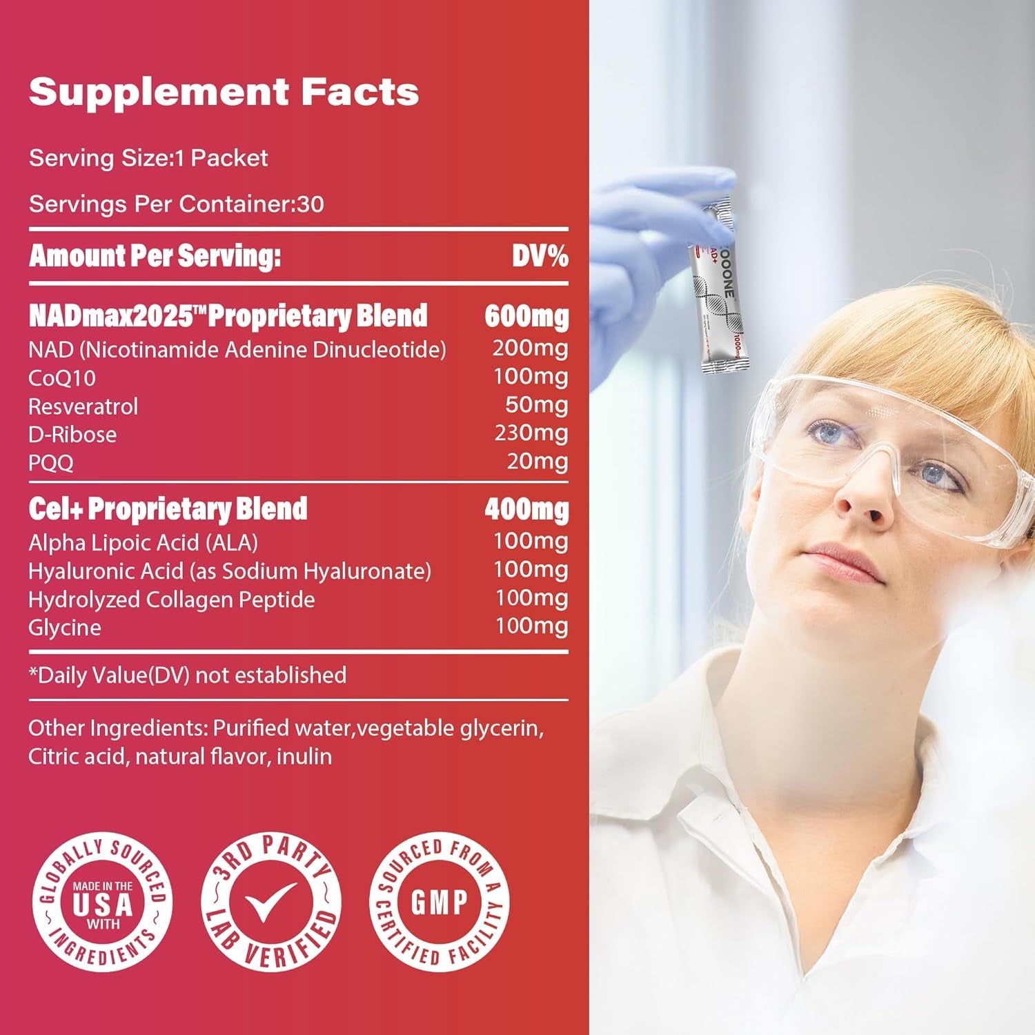 Zooone NAD+ 1000mg Liquid Packets Supplement – 10g (30 Packets) | Cellular Energy & Anti-Aging Support