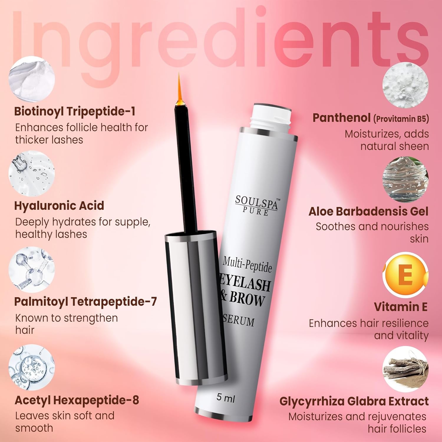 SOULSPA PURE Multi-Peptide Eyelash & Brow Serum – 5ml | Strengthens, Thickens & Nourishes