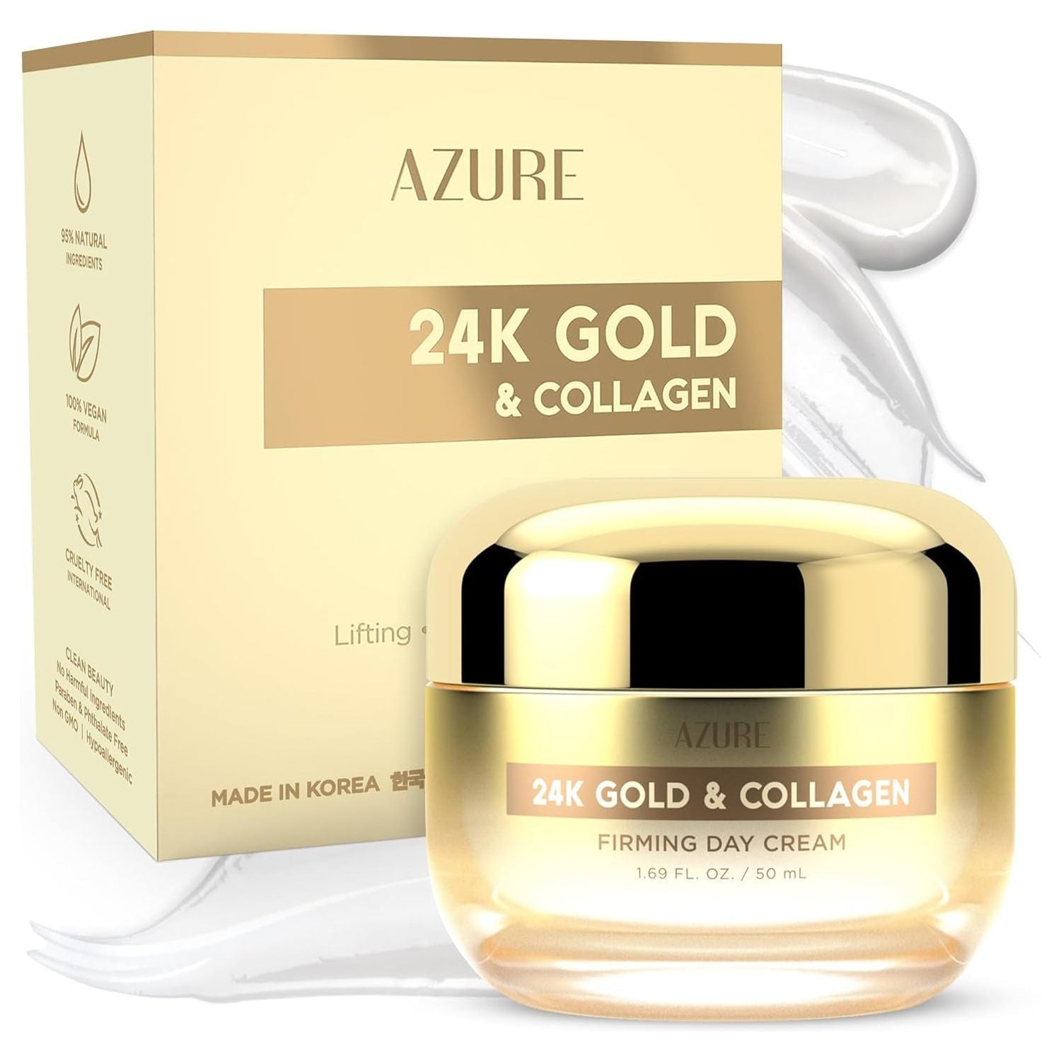 Azure Cosmetics 24K Gold & Collagen Firming Day Cream – 50ml | Radiance-Boosting, Lifting Moisturizer