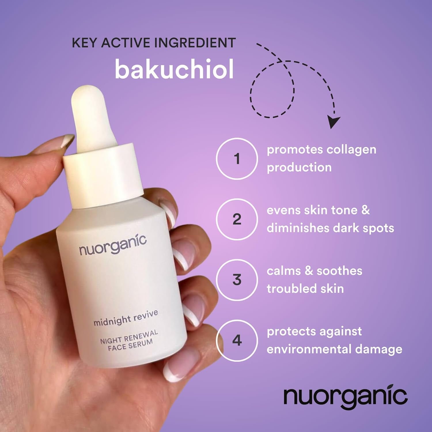 NuOrganic Midnight Revive Night Renewal Face Serum – 30ml | Gentle Bakuchiol Anti-Ageing & Hydrating Night Treatment