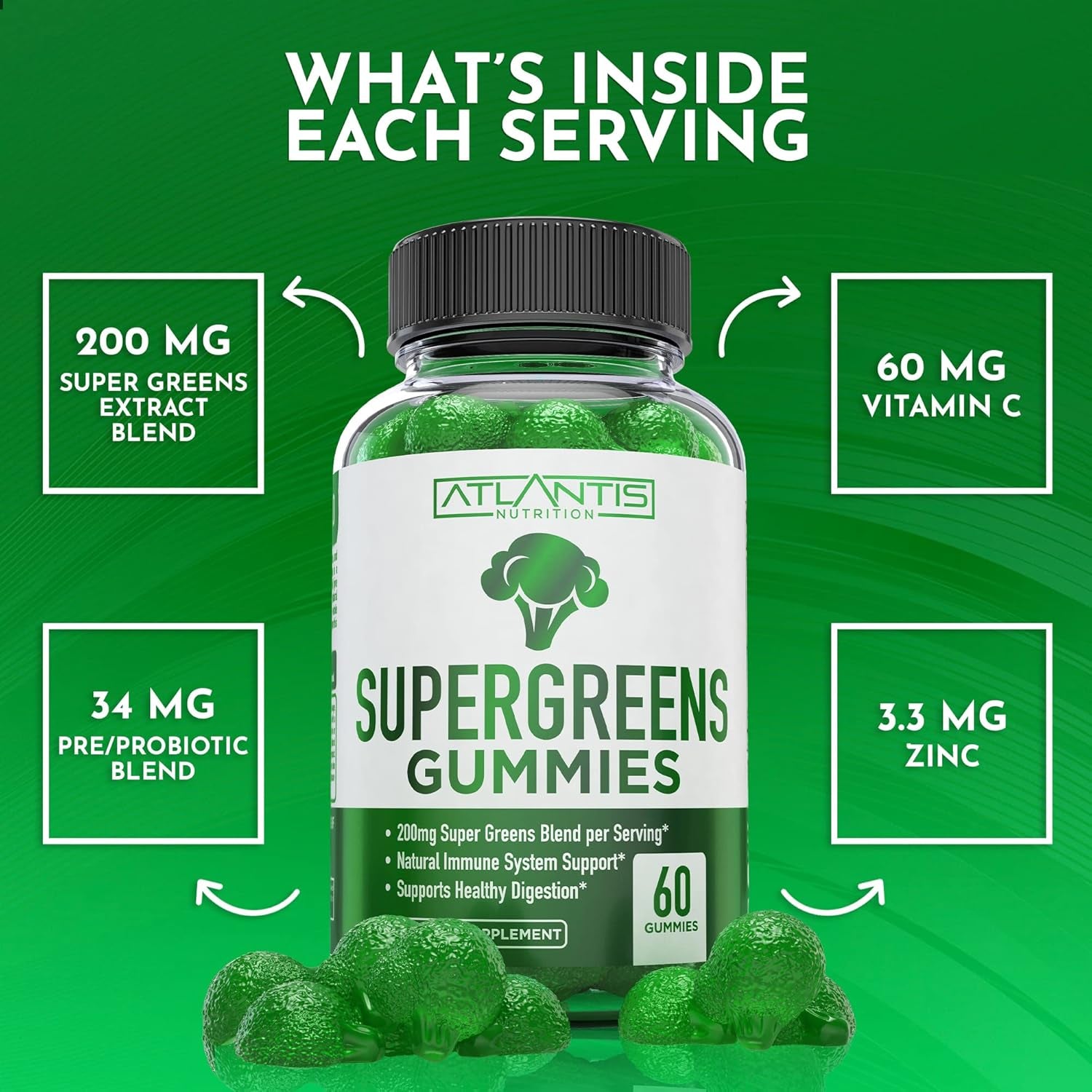 Atlantis Nutrition Supergreens Gummies – 60 Gummies | Immune Support, Gut Health & Superfood Nutrition