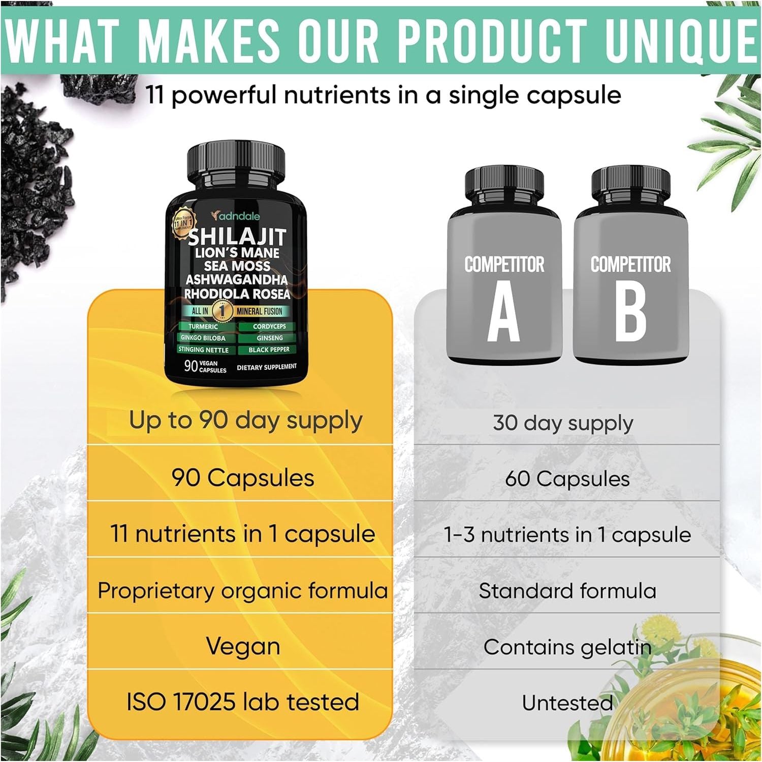 Adndale Shilajit 11-In-1 Supplement - 90 Capsules