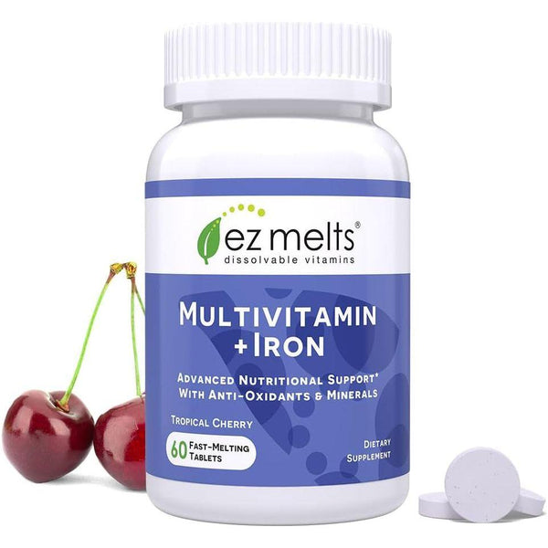 EZ Melts Dissolvable Multivitamin + Iron – 60 Tablets | Vegan Daily Nutritional Support with Tropical Cherry Flavor