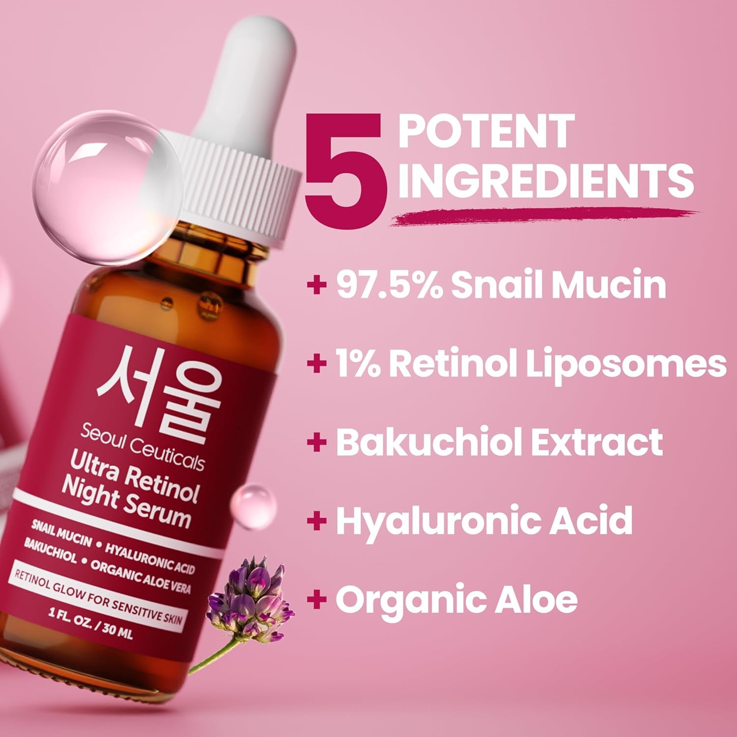 SeoulCeuticals Ultra Retinol Night Serum – 1oz | Anti-Aging Korean Formula with 1% Retinol, Snail Mucin & Bakuchiol