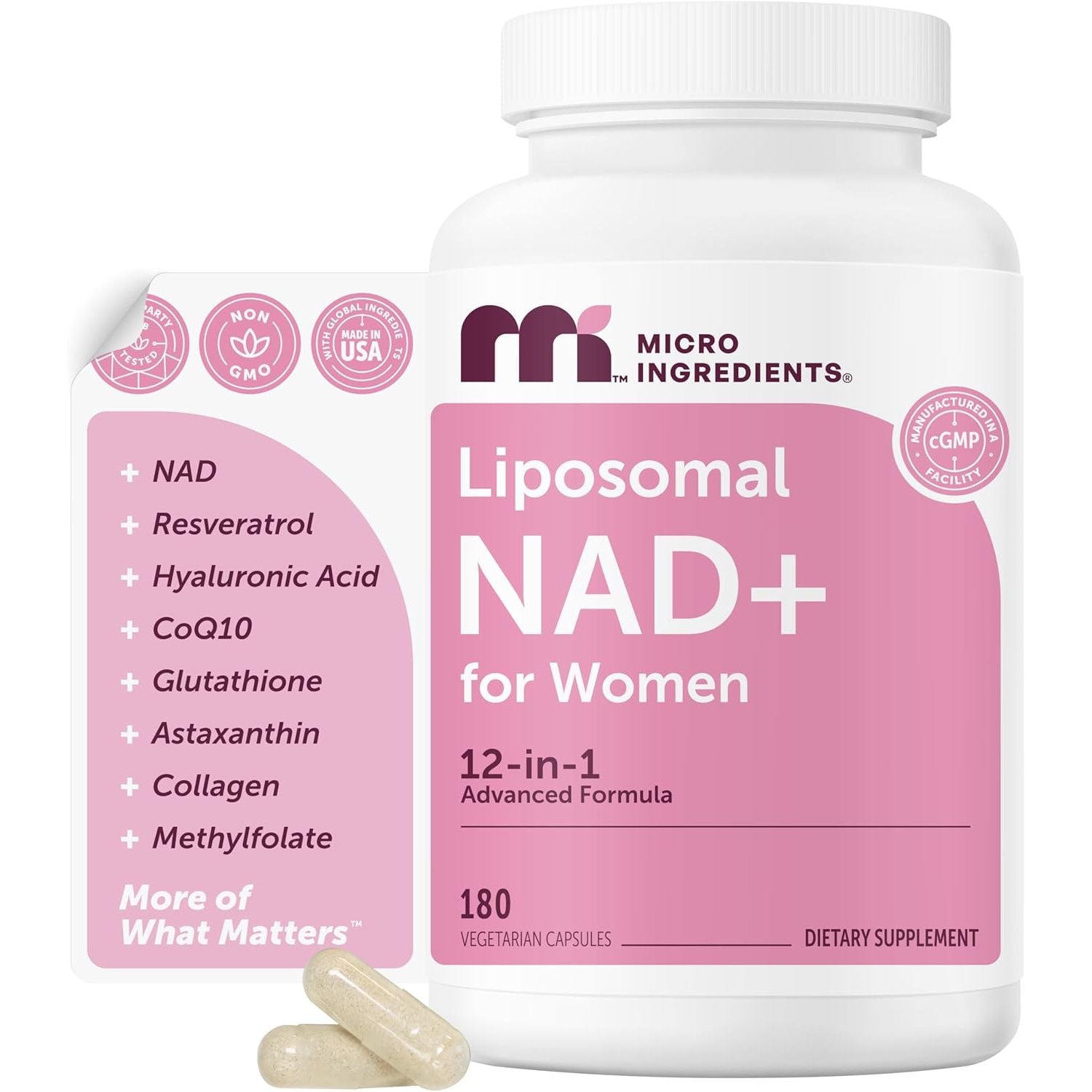 Liposomal NAD+ for Women Complex, 180 Veggie Capsules | 12-In-1 Advanced NAD Formula with Resveratrol, Hyaluronic Acid, Glutathione, & Collagen | NMN Pathway Supplement