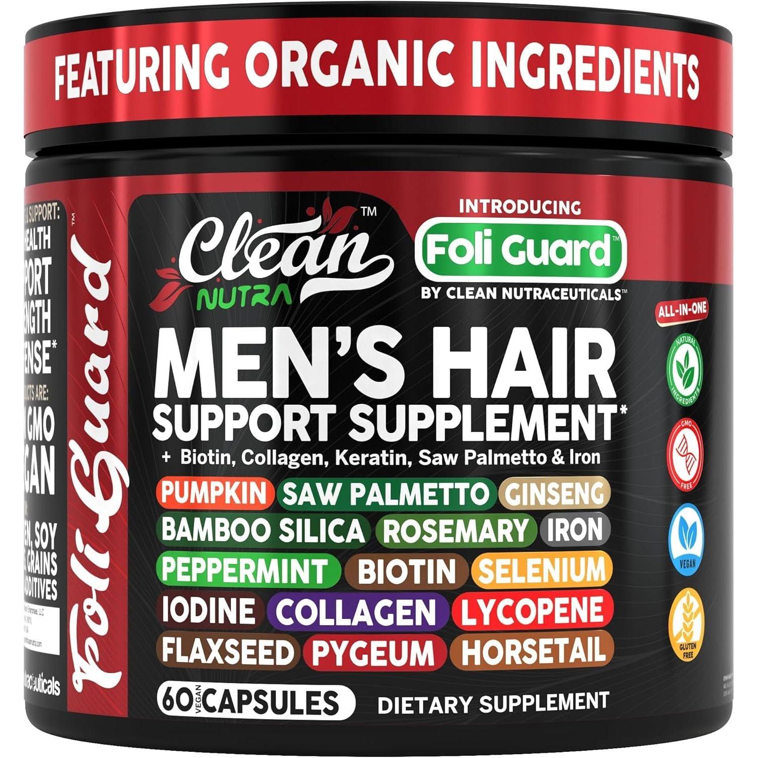 Clean Nutraceuticals Men's Hair Support Supplement – 60 Capsules | Biotin, Collagen & Saw Palmetto for Hair Growth, Thickness & Scalp Health