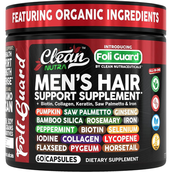 Clean Nutraceuticals Men's Hair Support Supplement – 60 Capsules | Biotin, Collagen & Saw Palmetto for Hair Growth, Thickness & Scalp Health