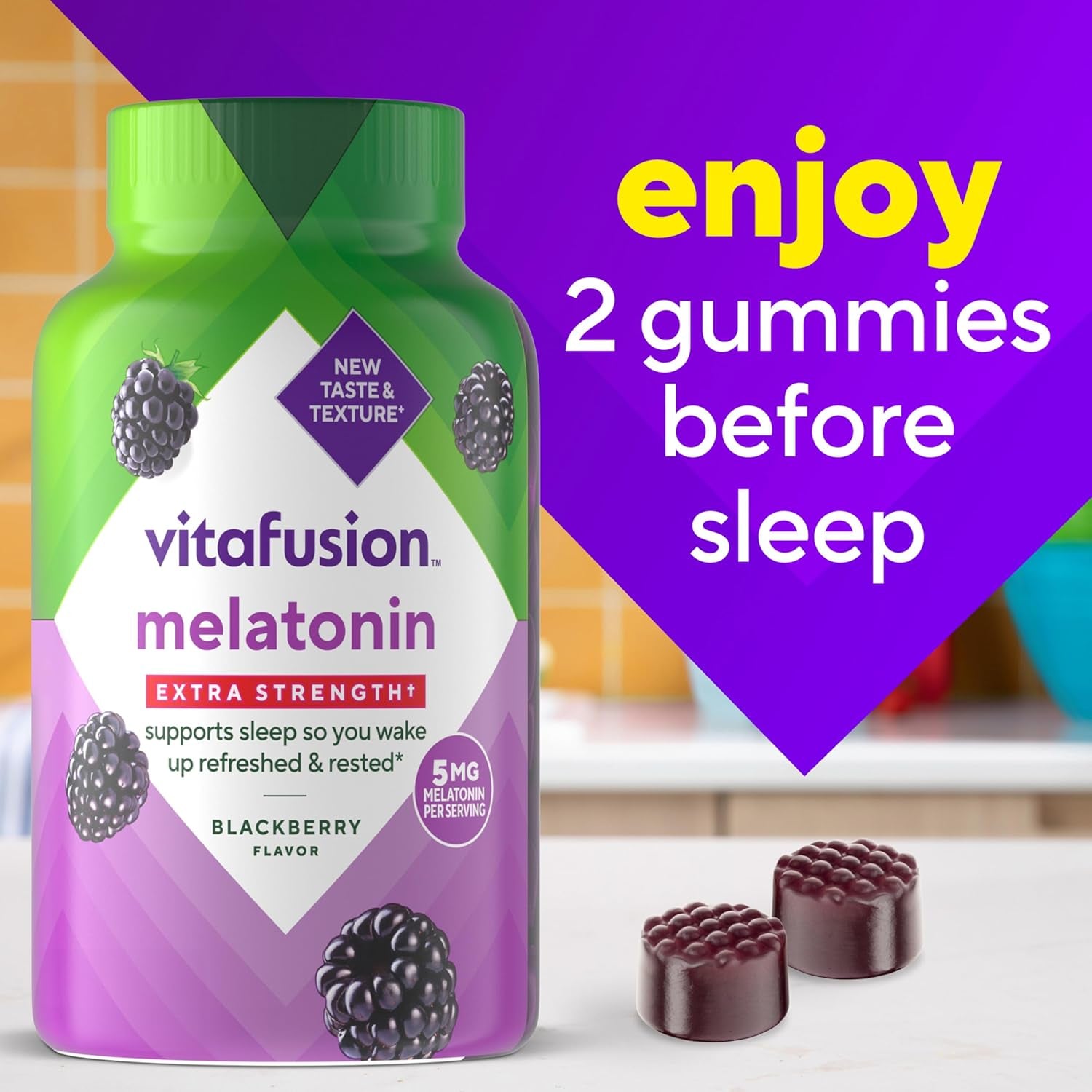 Vitafusion Melatonin Extra Strength+ Gummies – 120 Count | Sleep Support & Jet Lag Relief, Blackberry Flavor