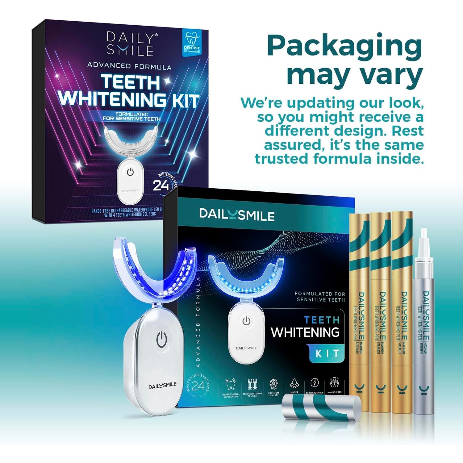 Dailysmile Teeth Whitening Kit with LED - Formulated for Sensitive Teeth, Hands-Free, Waterproof LED Light and 4 Gel Pens, Instant Results