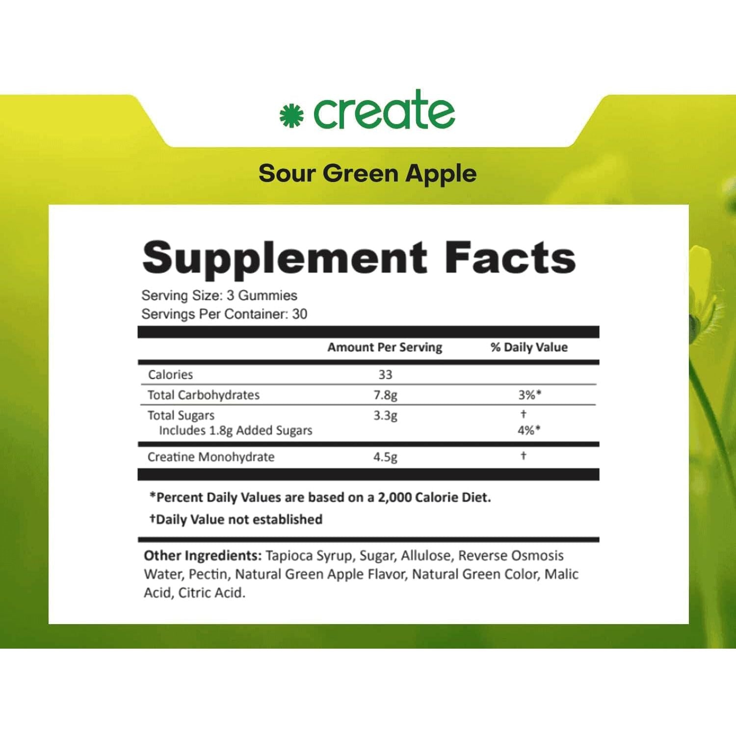 Create Creatine Monohydrate Gummies – Sour Green Apple Flavor, 90 Gummies | Creapure® for Strength, Focus & Recovery