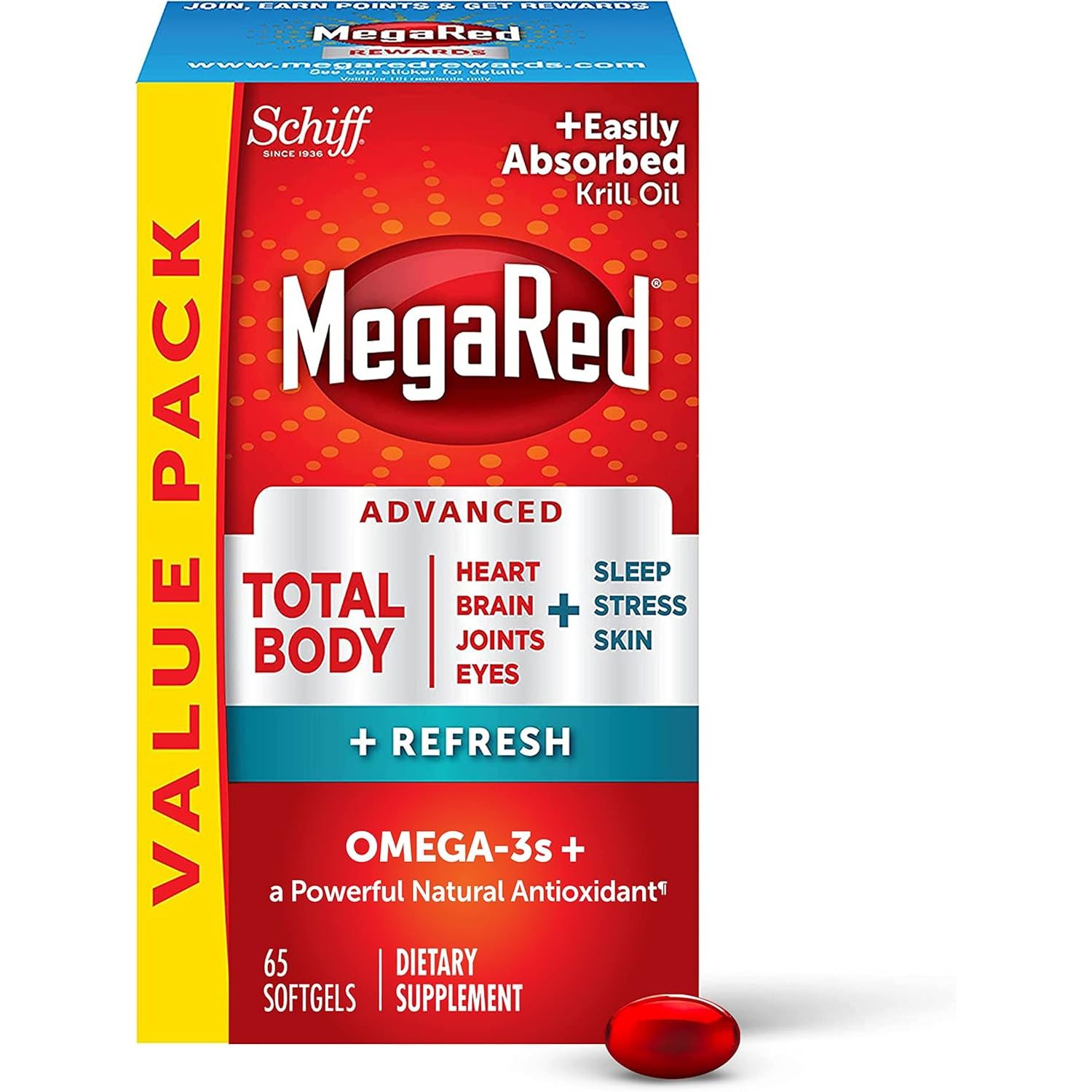 Omega-3 Blend Total Body + Refresh 500Mg Softgels, (65 Count in a Bottle), Easily Absorbed Krill Oil, to Support Your Heart, Joints, Brain & Eyes