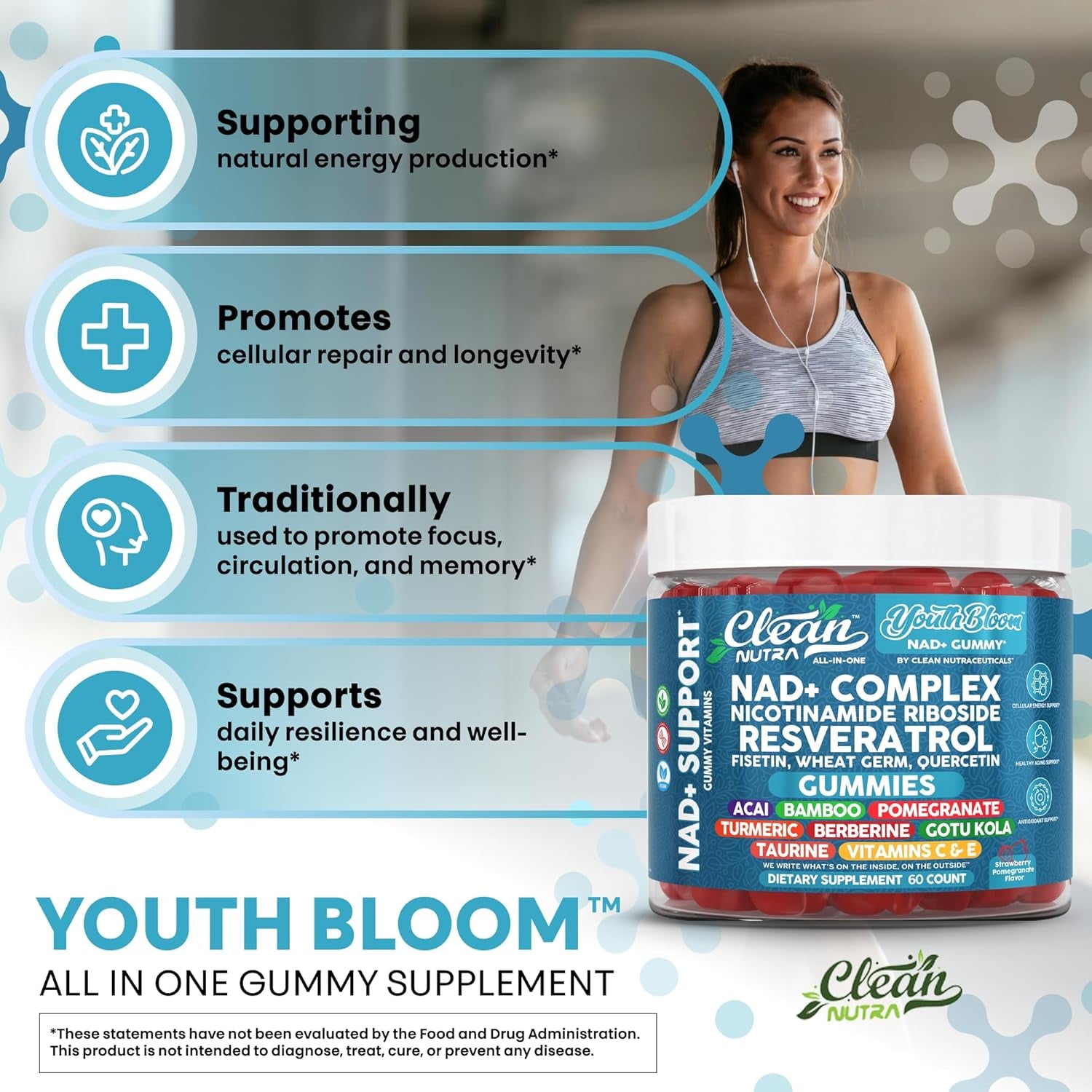 Youth Bloom NAD+ Supplement Gummies Resveratrol Fisetin Wheat Germ Berberine Taurine Turmeric Collagen Astaxanthin Nicotinamide Gotu Kola Pomegranate Vitamin C & E 60 Ct by Clean Nutra