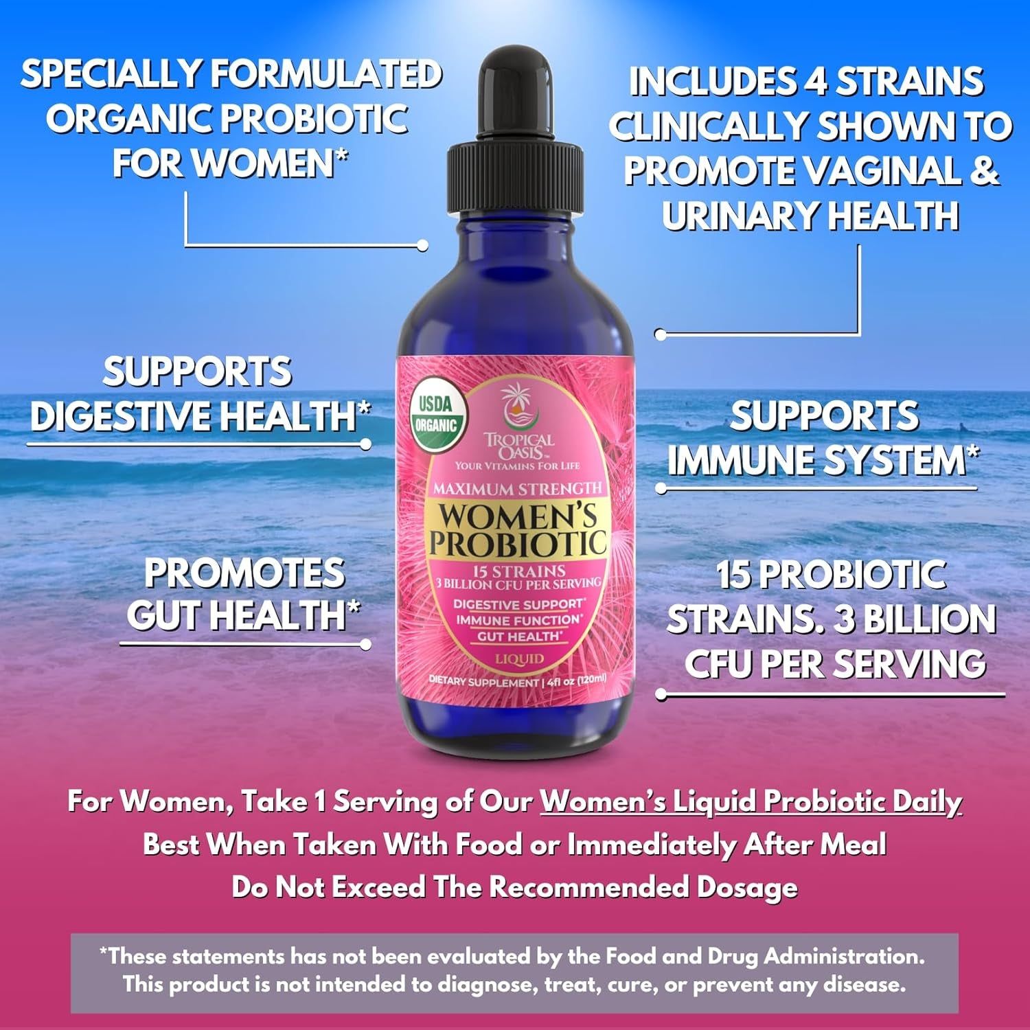 Tropical Oasis Women's Probiotic – 120ml | USDA Organic Liquid Probiotics for Gut & Immune Health