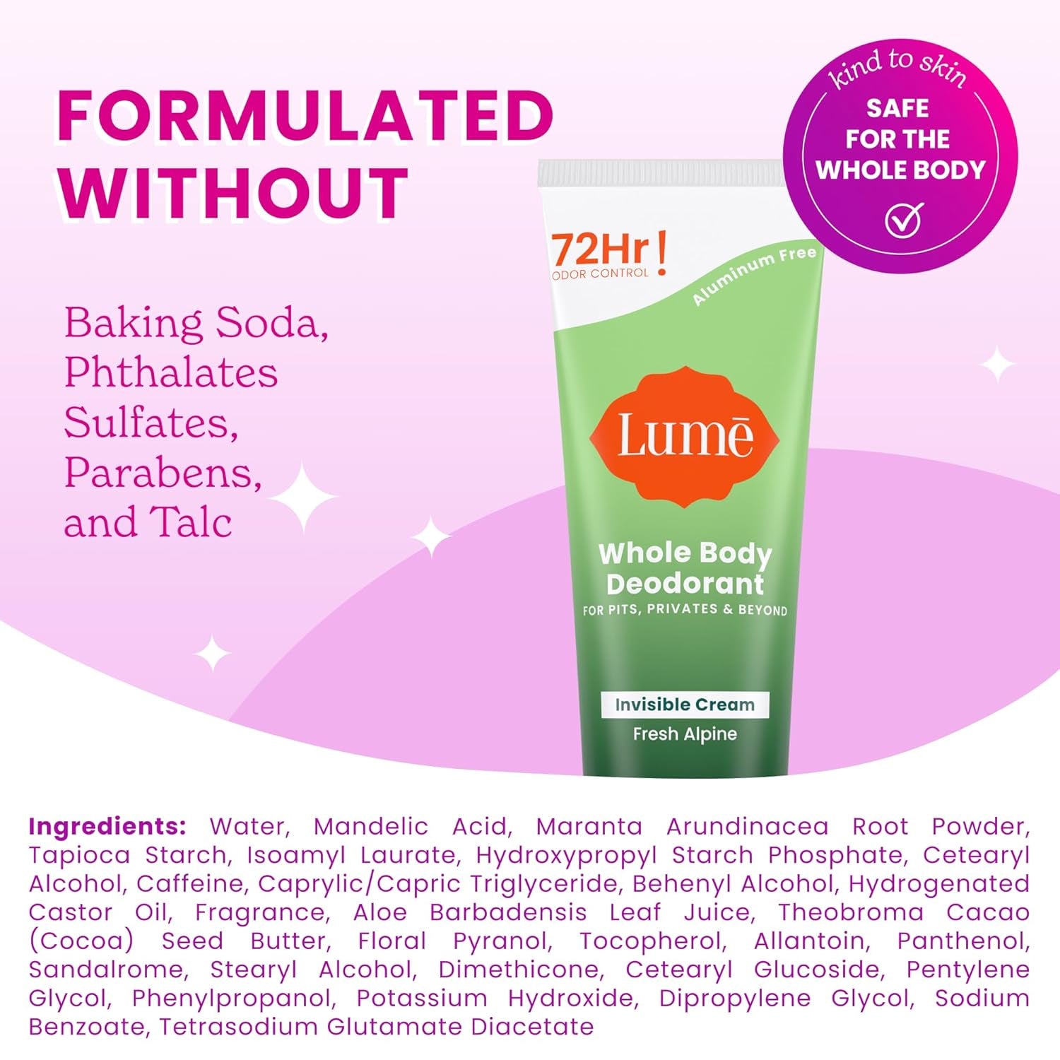Lume Whole Body Deodorant - Invisible Cream (Fresh Alpine) - 85g  (Pack of 2) 